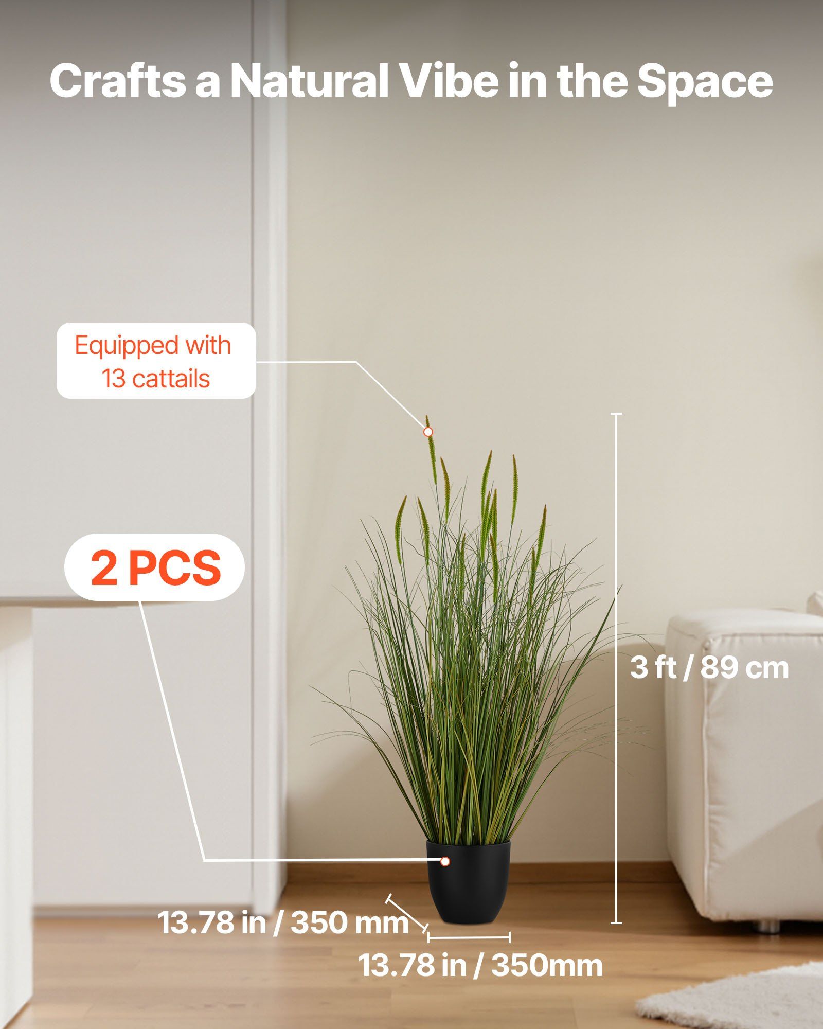 Artificial Grass Plant, 2 Pack 889mm Cattail Grass in Pot, Premium PVC Faux Fake Greenery Shrubs Plant for Indoor Outdoor House Home Garden Office Room Décor, Housewarming, Green - Image 2