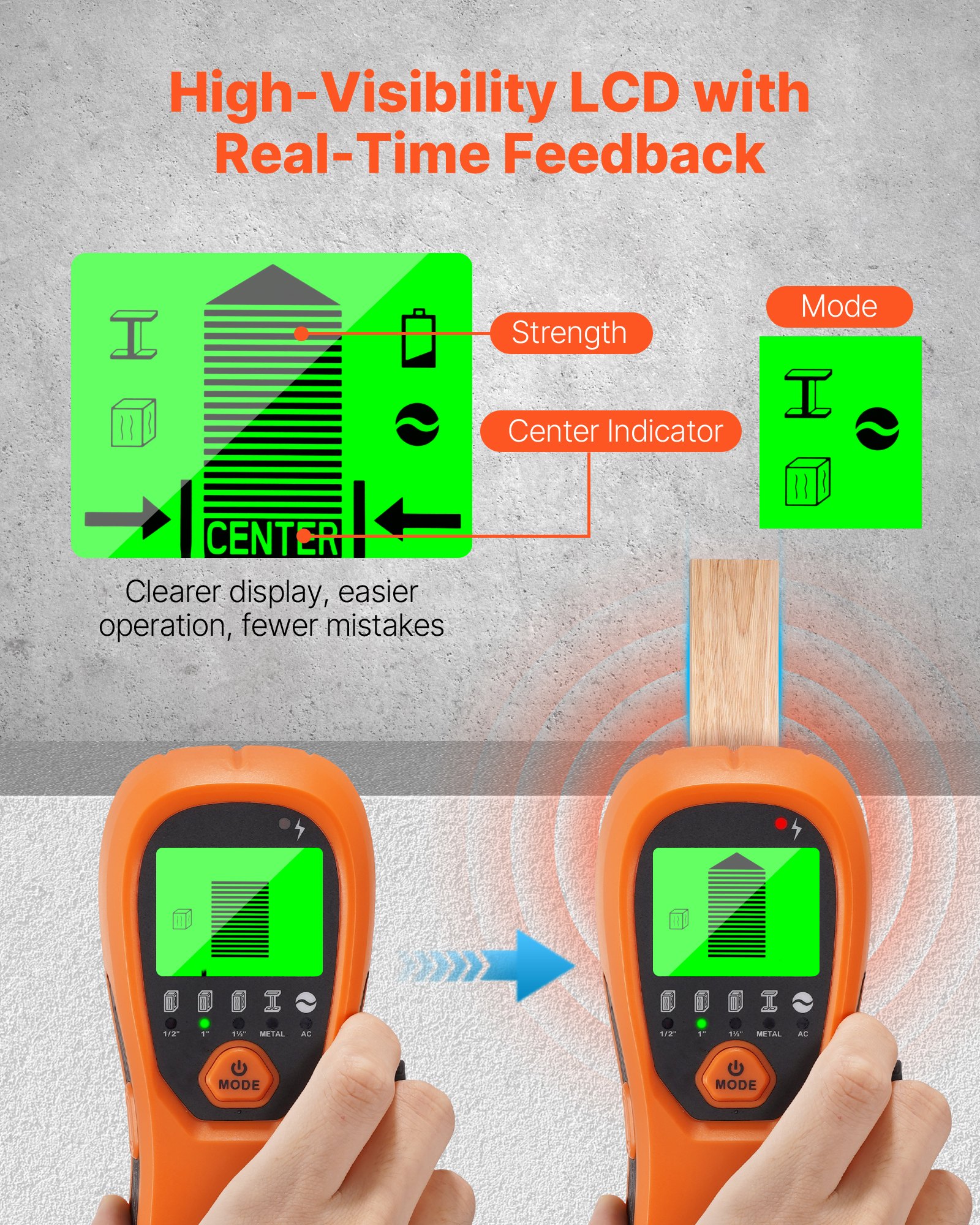 Stud Finder Wall Scanner, 5 in 1, Electronic Wall Stud Detector with Smart Sensor, High-Definition LCD Display and Audio Alarm, for the Center and Edge of Metal, AC Wire, Joists, Pipes, Orange - Image 4