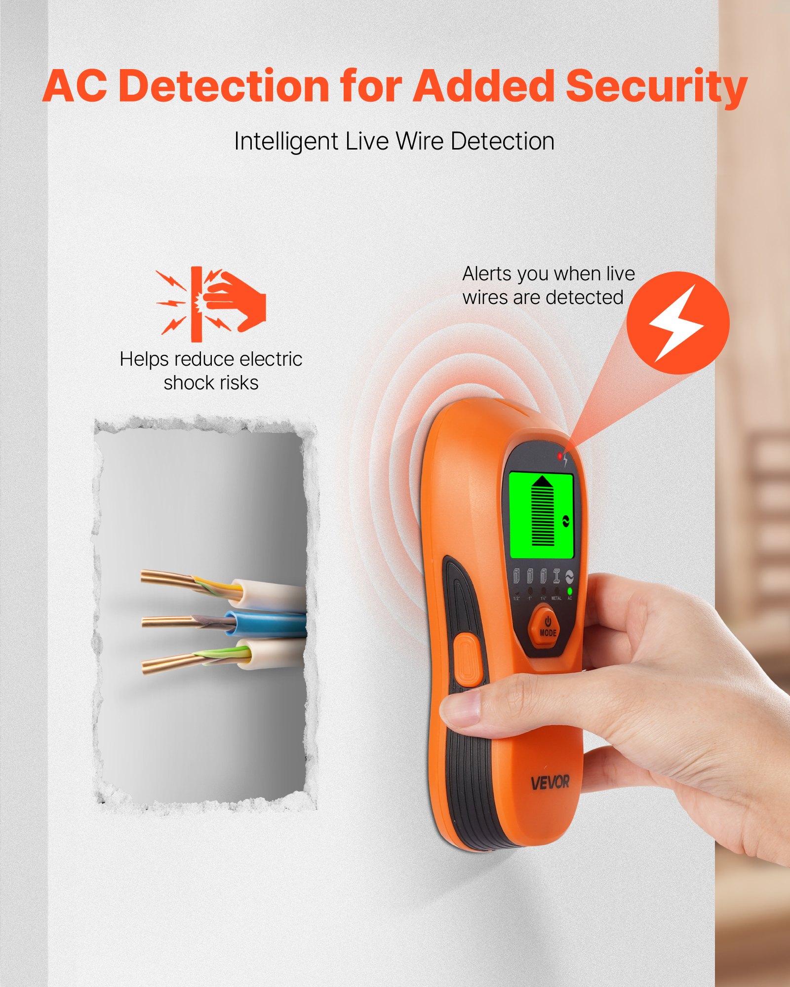 Stud Finder Wall Scanner, 5 in 1, Electronic Wall Stud Detector with Smart Sensor, High-Definition LCD Display and Audio Alarm, for the Center and Edge of Metal, AC Wire, Joists, Pipes, Orange - Image 5