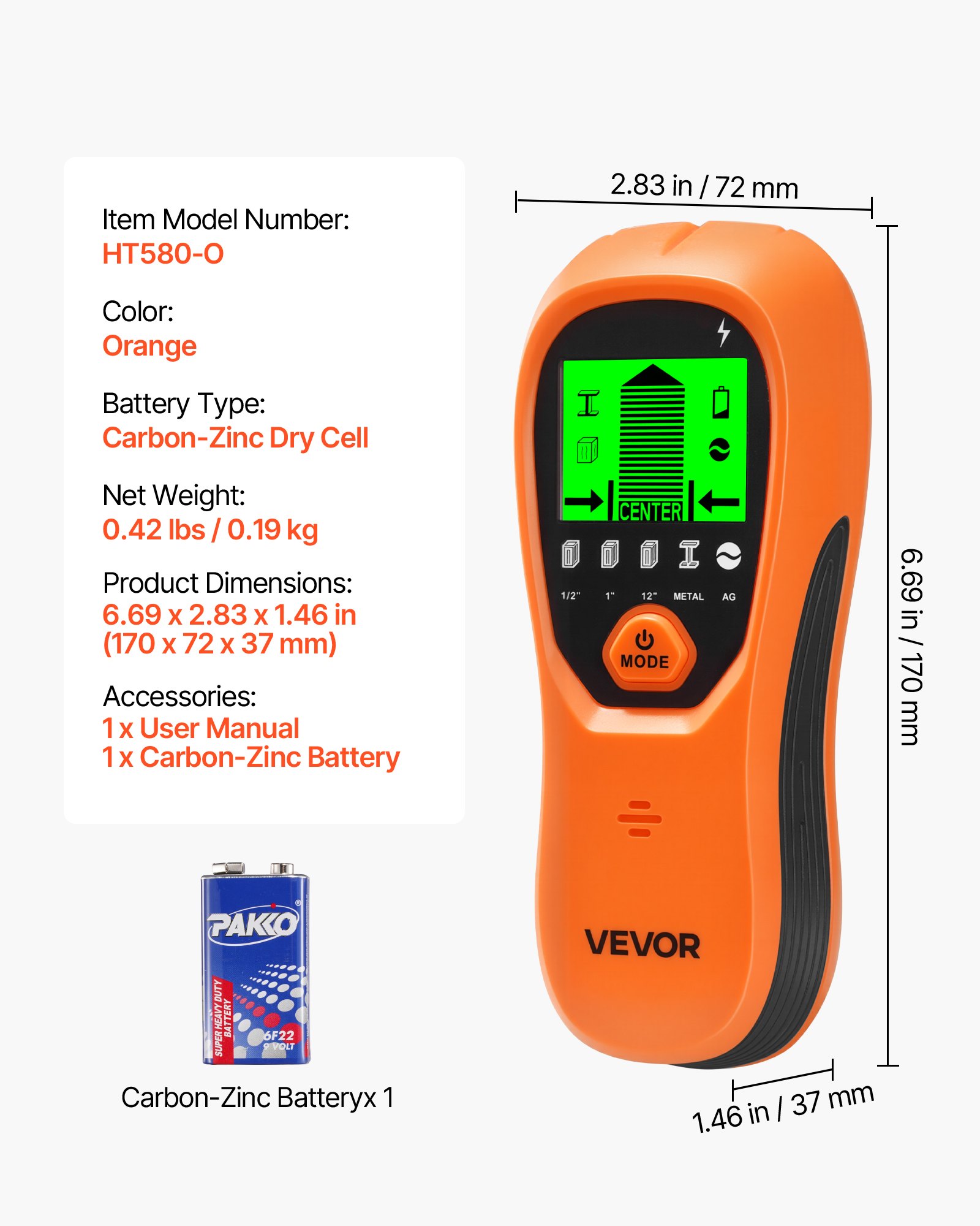 Stud Finder Wall Scanner, 5 in 1, Electronic Wall Stud Detector with Smart Sensor, High-Definition LCD Display and Audio Alarm, for the Center and Edge of Metal, AC Wire, Joists, Pipes, Orange - Image 7