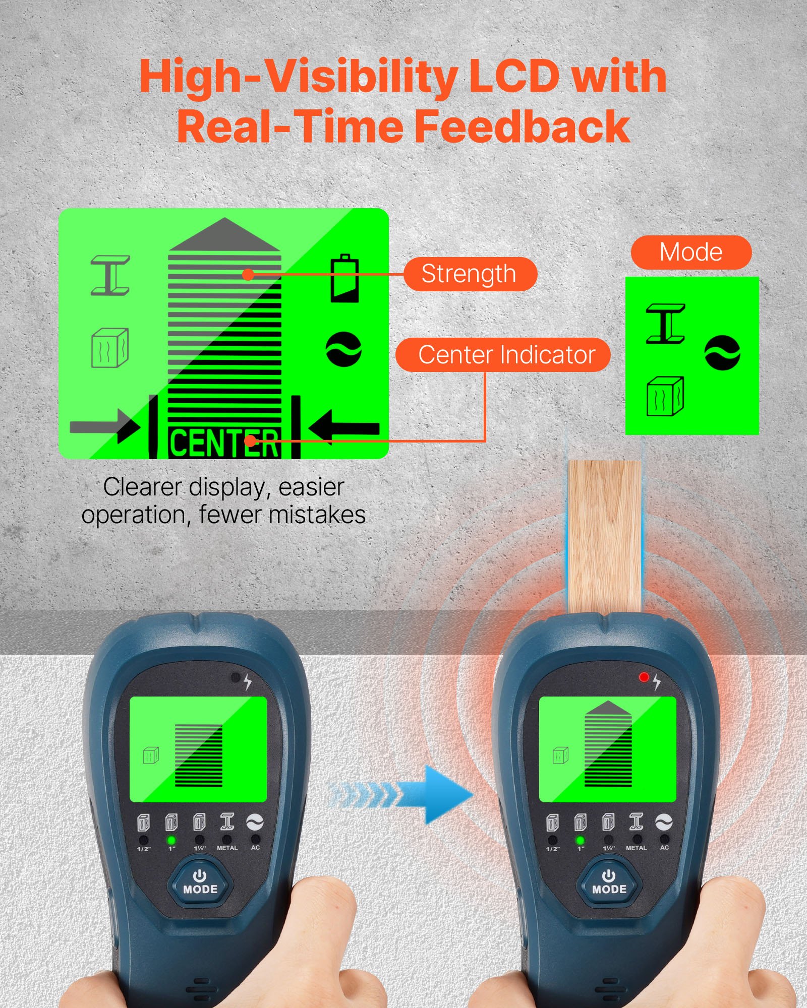 Stud Finder Wall Scanner, 5 in 1, Electronic Wall Stud Detector with Smart Sensor, High-Definition LCD Display and Audio Alarm, for the Center and Edge of Metal, AC Wire, Joists, Pipes, Blue - Image 4