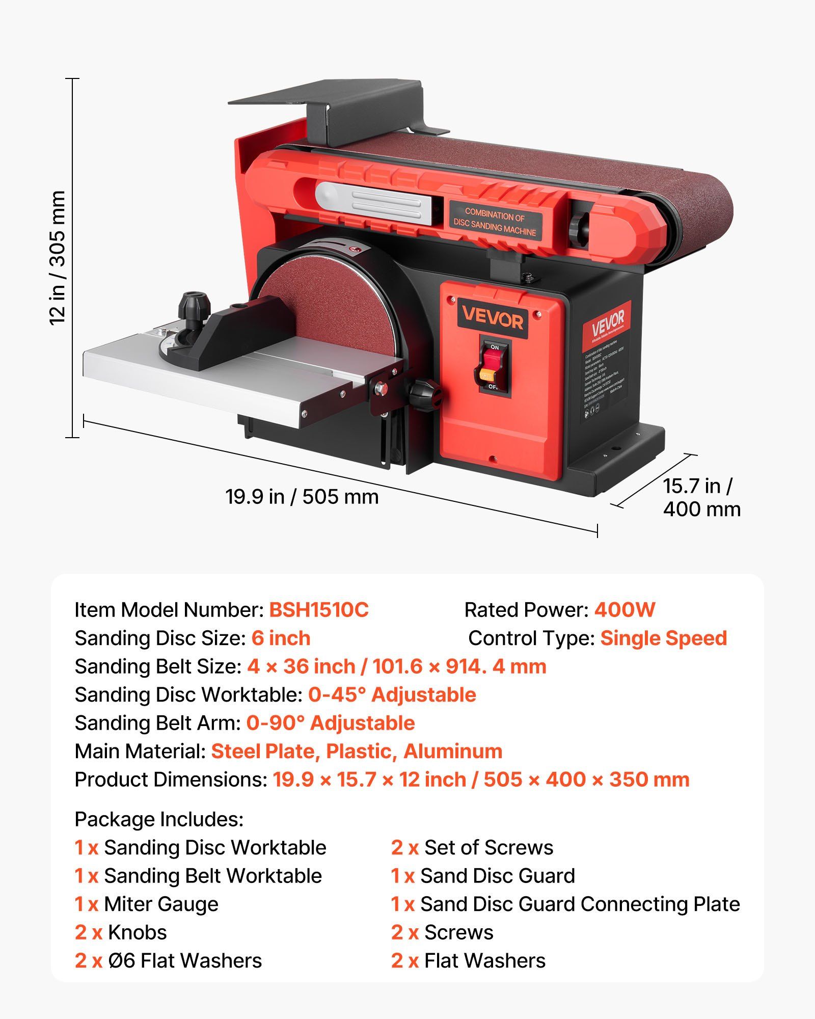 152.4mm Disc Sander & 101.6mm x 914.4mm Belt Sander, 400W Professional Belt Disc Sanders Combo with 0 - 45° Adjustable Worktable, Dust Collection Port for Woodworking & DIY Crafting - Image 7