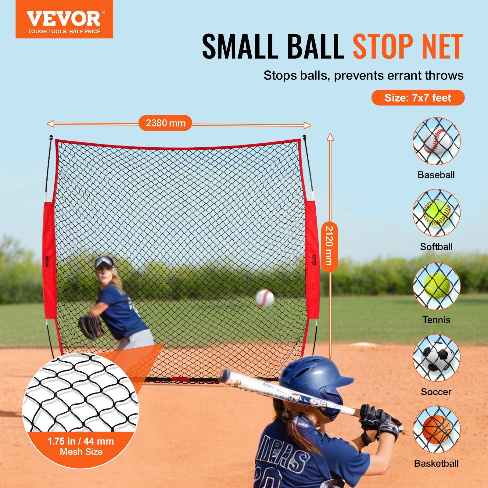 Barricade Backstop Net, 7x7 ft Ball Sports Barrier Netting, Portable Practice Equipment with Carry Bag, Protection Screen for Baseball Softball Lacrosse Soccer Hockey Training, for Backyard - Image 2