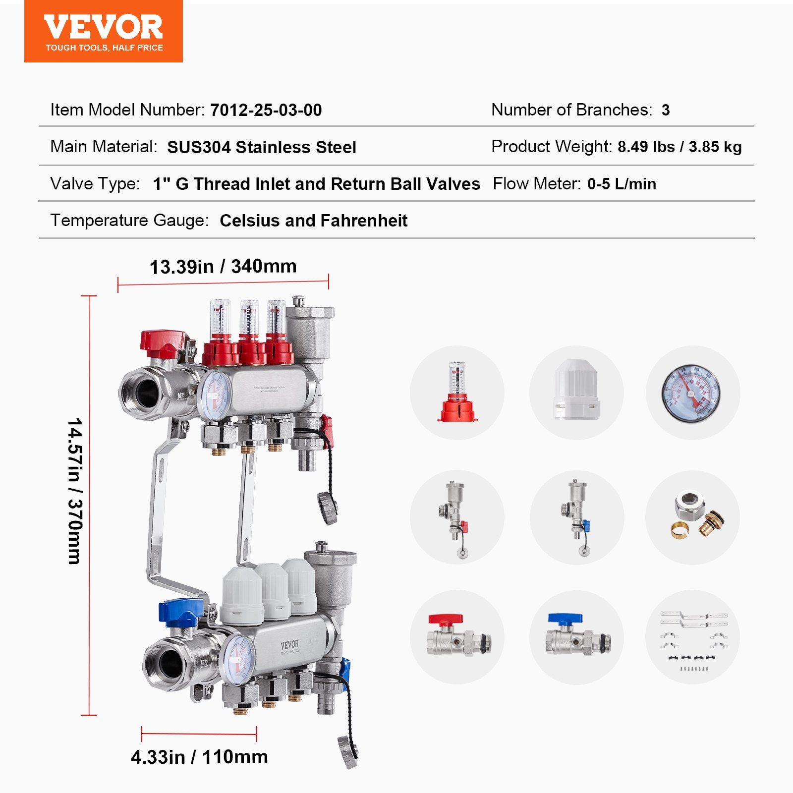 3-Branch Radiant Heat Manifold, 1/2