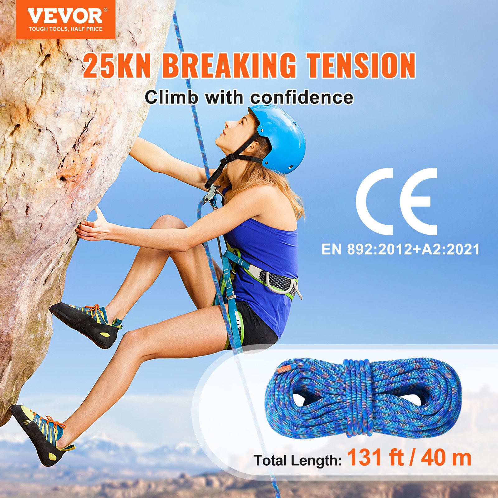 10.2mm Dynamic Climbing Rope, 40M(131ft) Outdoor Rock Climbing Rope 25KN Breaking Tension, Stretchable Fiber Rope with Steel Snap Hooks for Escape, Rappelling, Fire Rescue, Blue - Image 2