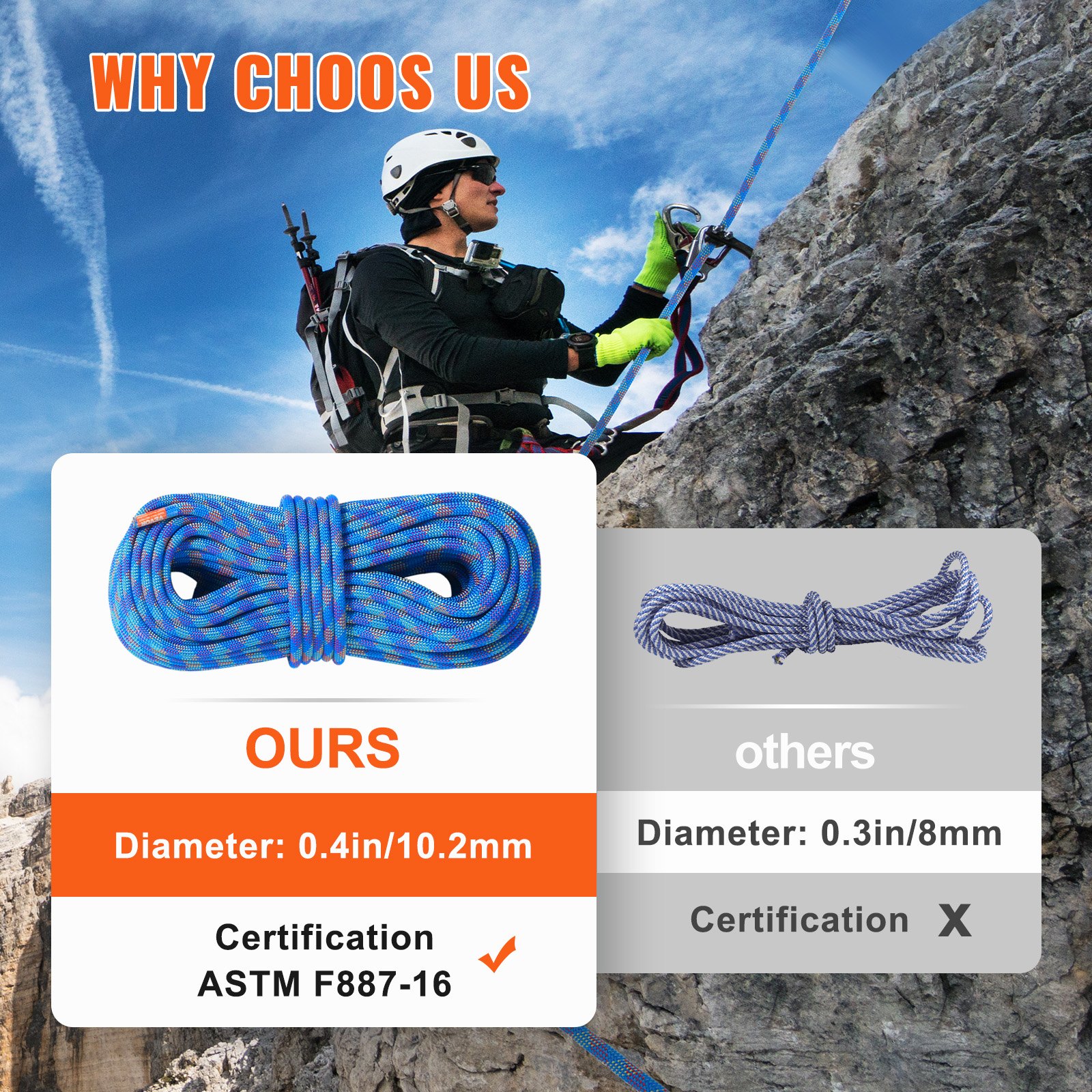 10.2mm Dynamic Climbing Rope, 40M(131ft) Outdoor Rock Climbing Rope 25KN Breaking Tension, Stretchable Fiber Rope with Steel Snap Hooks for Escape, Rappelling, Fire Rescue, Blue - Image 4