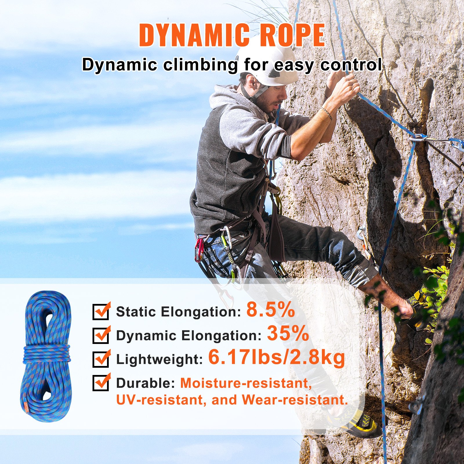 10.2mm Dynamic Climbing Rope, 40M(131ft) Outdoor Rock Climbing Rope 25KN Breaking Tension, Stretchable Fiber Rope with Steel Snap Hooks for Escape, Rappelling, Fire Rescue, Blue - Image 5