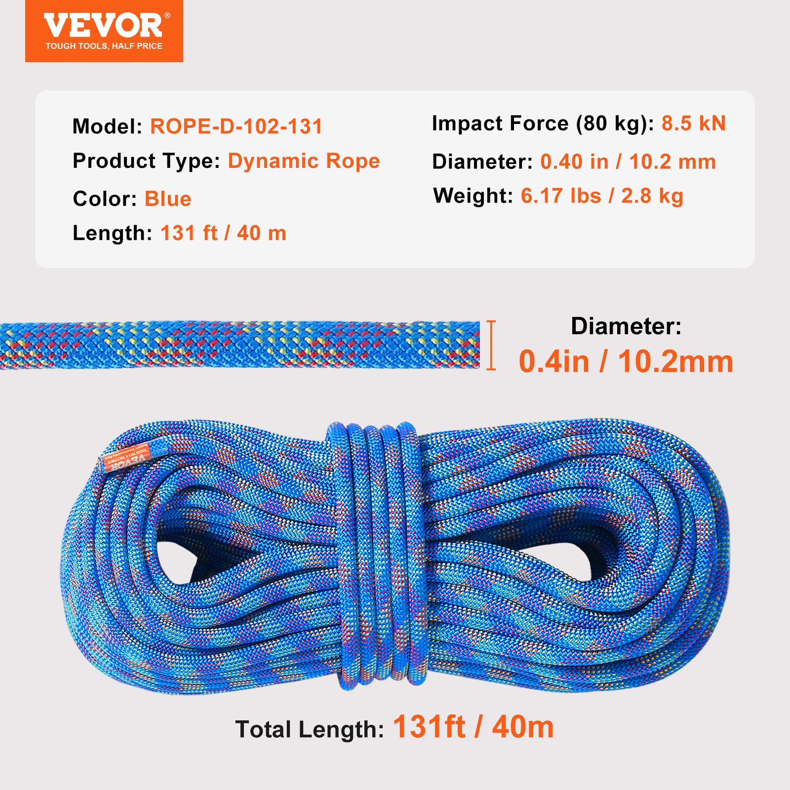 10.2mm Dynamic Climbing Rope, 40M(131ft) Outdoor Rock Climbing Rope 25KN Breaking Tension, Stretchable Fiber Rope with Steel Snap Hooks for Escape, Rappelling, Fire Rescue, Blue - Image 7