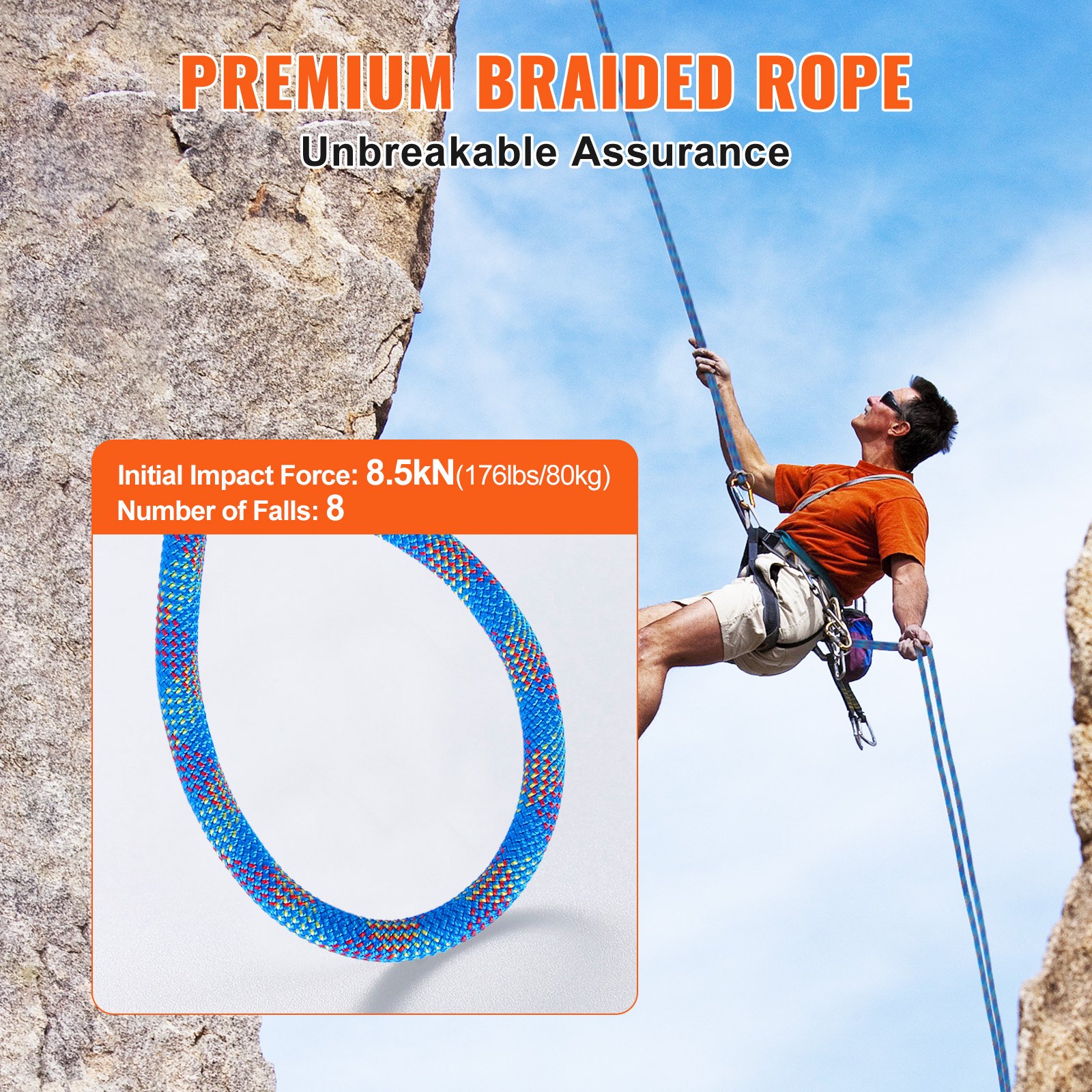 10.2mm Dynamic Climbing Rope, 60M(197ft) Outdoor Rock Climbing Rope 25KN Breaking Tension, Stretchable Fiber Rope with Steel Snap Hooks for Escape, Rappelling, Fire Rescue, Blue - Image 3