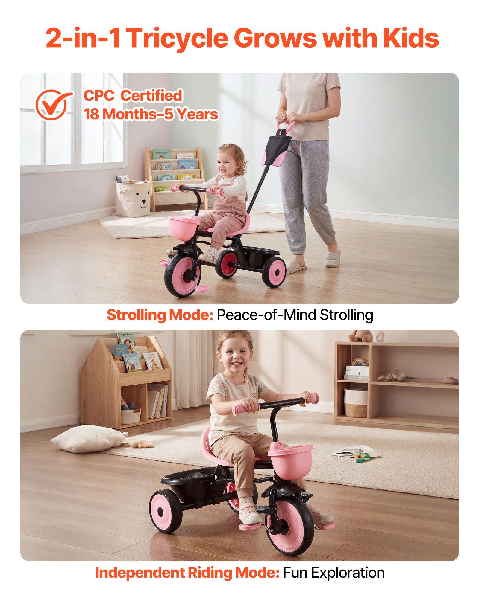 Toddler Tricycle & Stroller for 18 Months to 5 Year Old, Kids Trike with Parent Push Handle, Adjustable Seat & Storage for Outdoor Play, Tricycle for Toddlers, Birthday Toy for Boys and Girls - Image 2