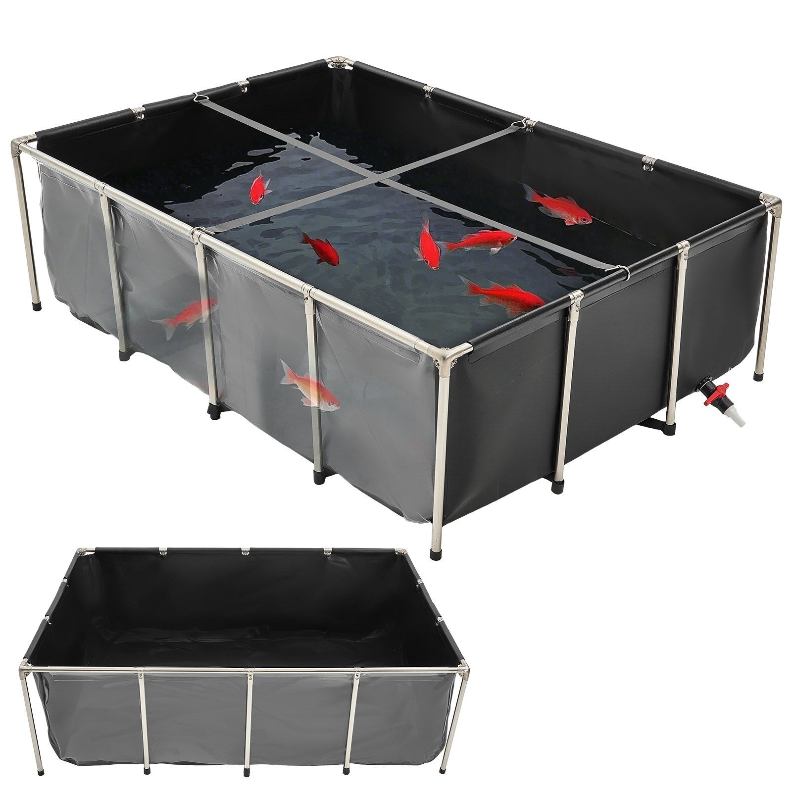 Canvas Fish Pond, 1781.3L Above Ground Fish Pond, PVC Koi Tank with Clear Viewing Panel, Rectangular Goldfish Tank with Stainless Steel Frame & Drain Valve, for Breeding Koi, Irrigation(Black) - Image 1