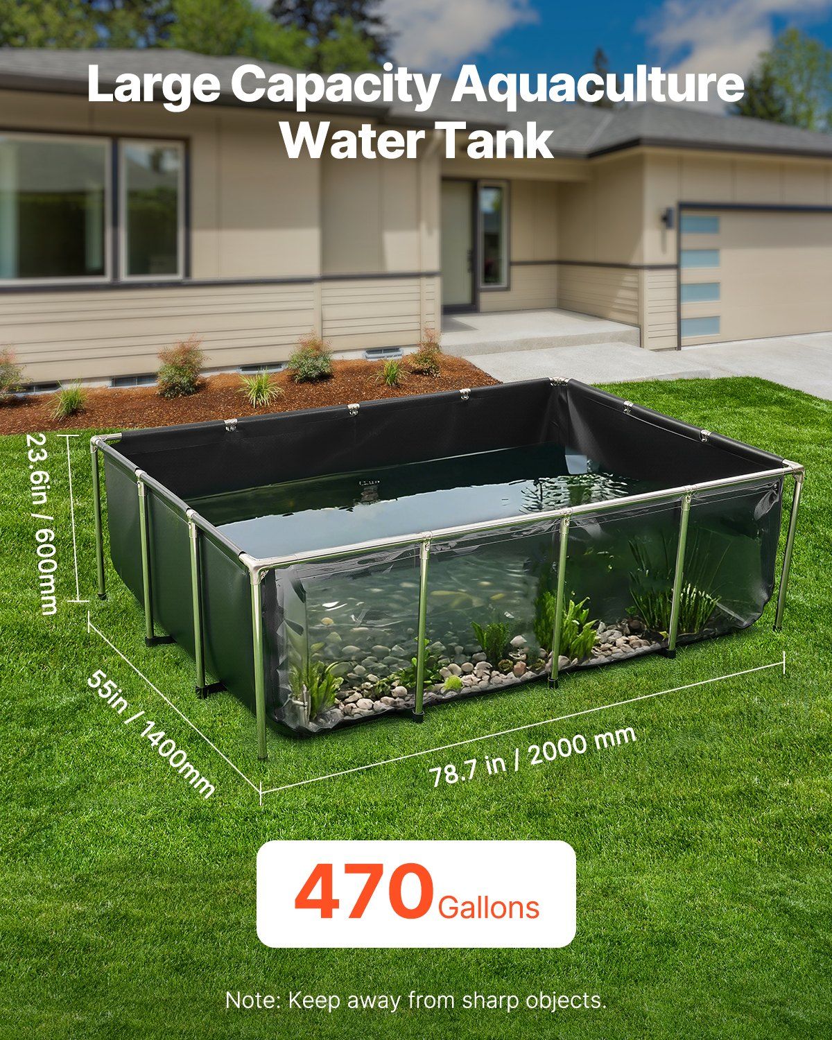Canvas Fish Pond, 1781.3L Above Ground Fish Pond, PVC Koi Tank with Clear Viewing Panel, Rectangular Goldfish Tank with Stainless Steel Frame & Drain Valve, for Breeding Koi, Irrigation(Black) - Image 2