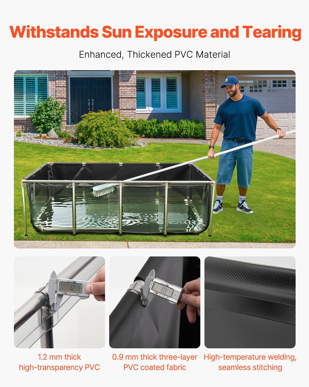 Canvas Fish Pond, 1781.3L Above Ground Fish Pond, PVC Koi Tank with Clear Viewing Panel, Rectangular Goldfish Tank with Stainless Steel Frame & Drain Valve, for Breeding Koi, Irrigation(Black) - Image 3