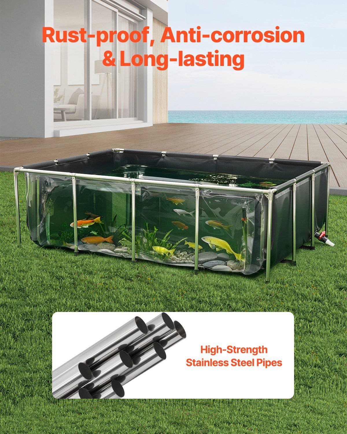 Canvas Fish Pond, 1781.3L Above Ground Fish Pond, PVC Koi Tank with Clear Viewing Panel, Rectangular Goldfish Tank with Stainless Steel Frame & Drain Valve, for Breeding Koi, Irrigation(Black) - Image 4