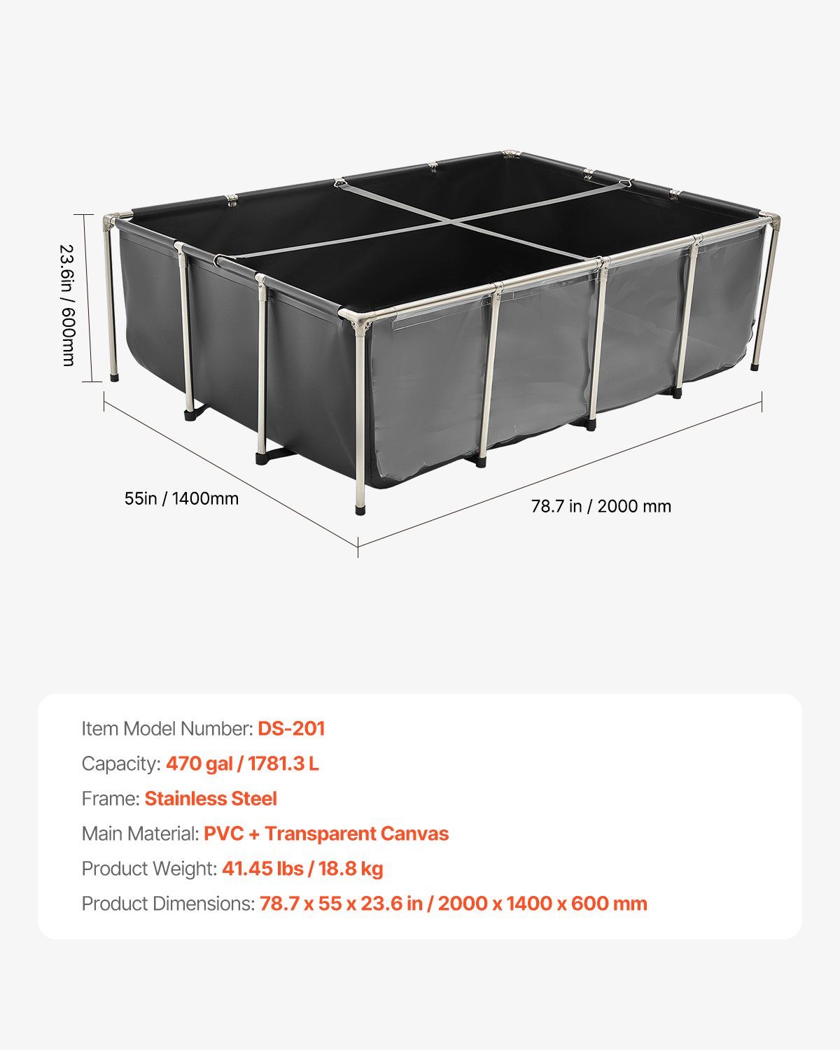 Canvas Fish Pond, 1781.3L Above Ground Fish Pond, PVC Koi Tank with Clear Viewing Panel, Rectangular Goldfish Tank with Stainless Steel Frame & Drain Valve, for Breeding Koi, Irrigation(Black) - Image 7