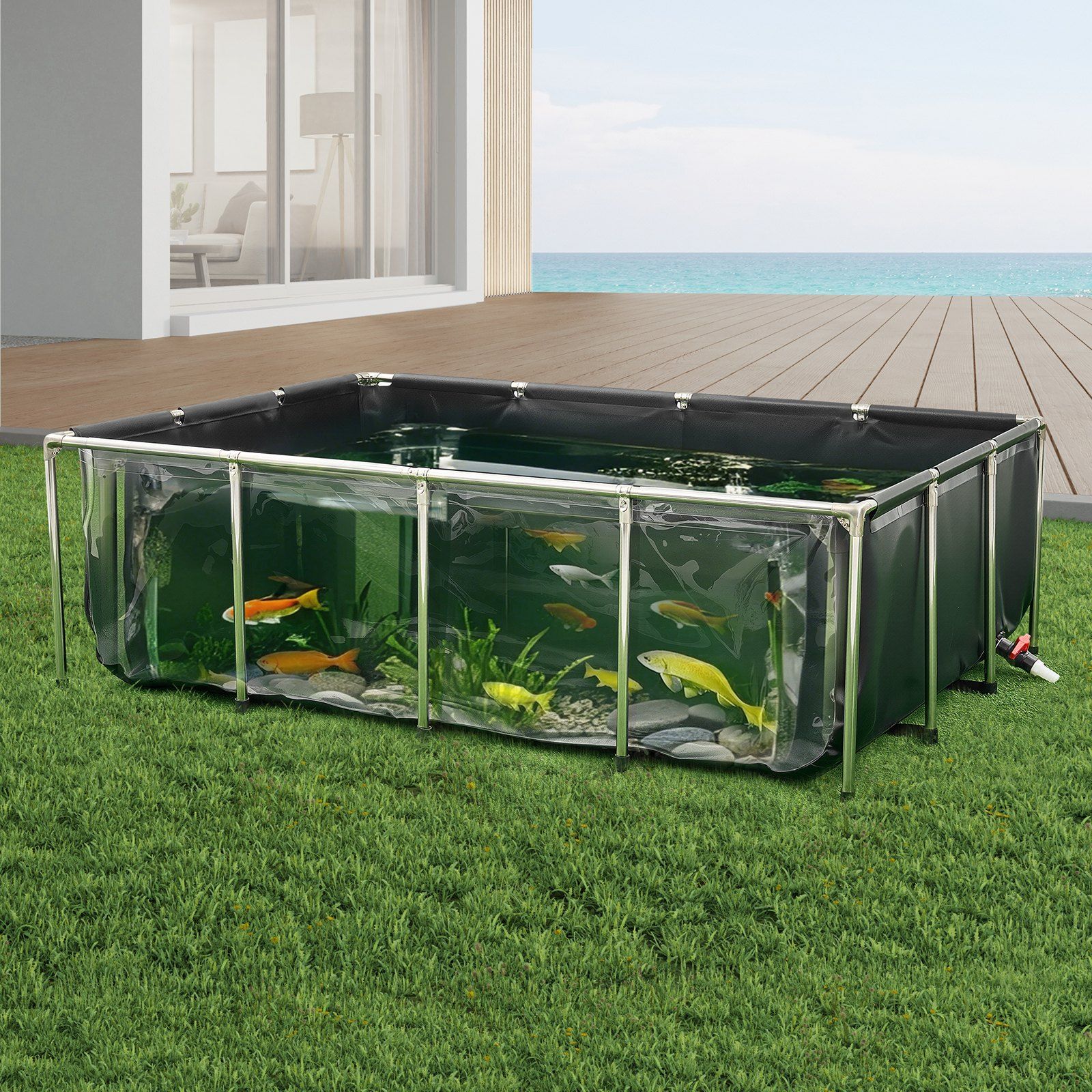 Canvas Fish Pond, 1781.3L Above Ground Fish Pond, PVC Koi Tank with Clear Viewing Panel, Rectangular Goldfish Tank with Stainless Steel Frame & Drain Valve, for Breeding Koi, Irrigation(Black) - Image 8