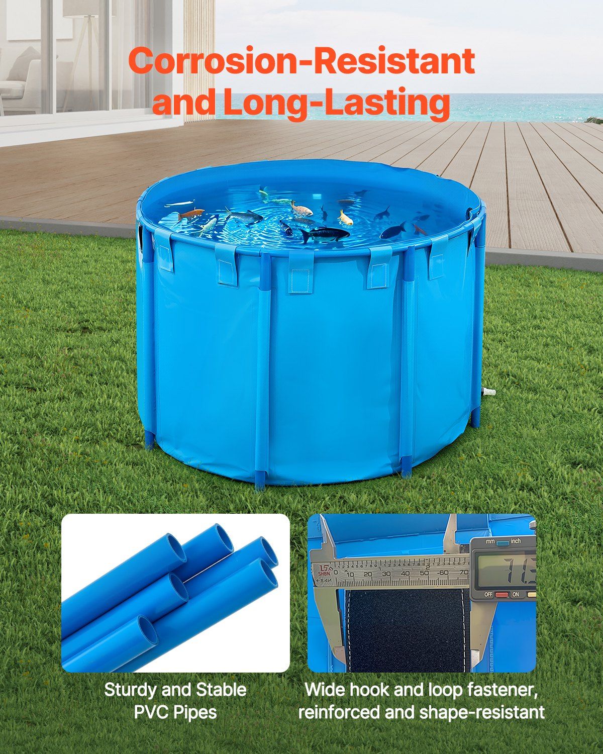 Canvas Fish Pond, 1700 L Capacity Above Ground Fish Pond, Foldable PVC Koi Tank, Round Goldfish Tank with Stable PVC Frame and Drain Valve, for Aquaculture, Koi Breeding, and Irrigation (Blue) - Image 4