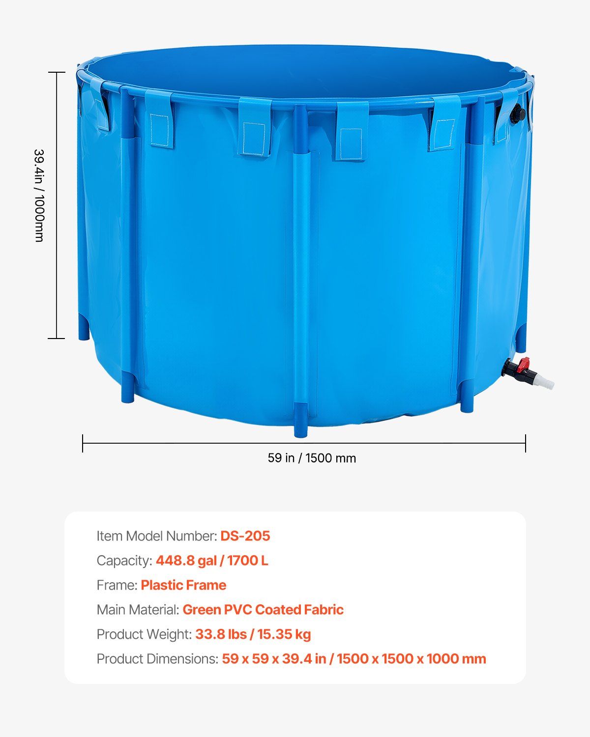 Canvas Fish Pond, 1700 L Capacity Above Ground Fish Pond, Foldable PVC Koi Tank, Round Goldfish Tank with Stable PVC Frame and Drain Valve, for Aquaculture, Koi Breeding, and Irrigation (Blue) - Image 7