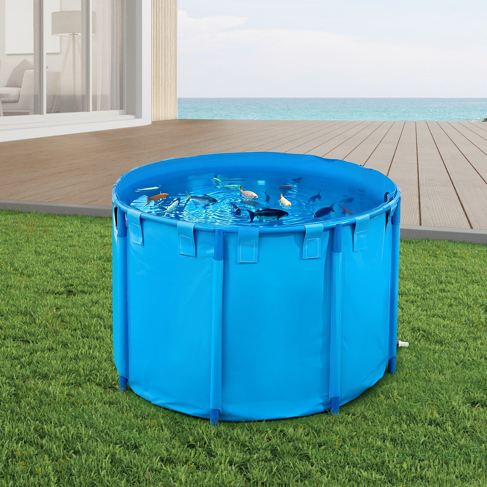 Canvas Fish Pond, 1700 L Capacity Above Ground Fish Pond, Foldable PVC Koi Tank, Round Goldfish Tank with Stable PVC Frame and Drain Valve, for Aquaculture, Koi Breeding, and Irrigation (Blue) - Image 8