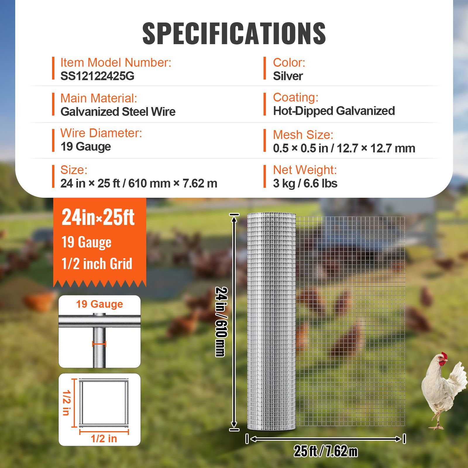 Hardware Cloth, 12.7mm 610mm×7.62m 19 Gauge, Hot Dipped Galvanized Wire Mesh Roll, Chicken Wire Fencing, Wire Mesh for Rabbit Cages, Garden, Small Rodents - Image 7