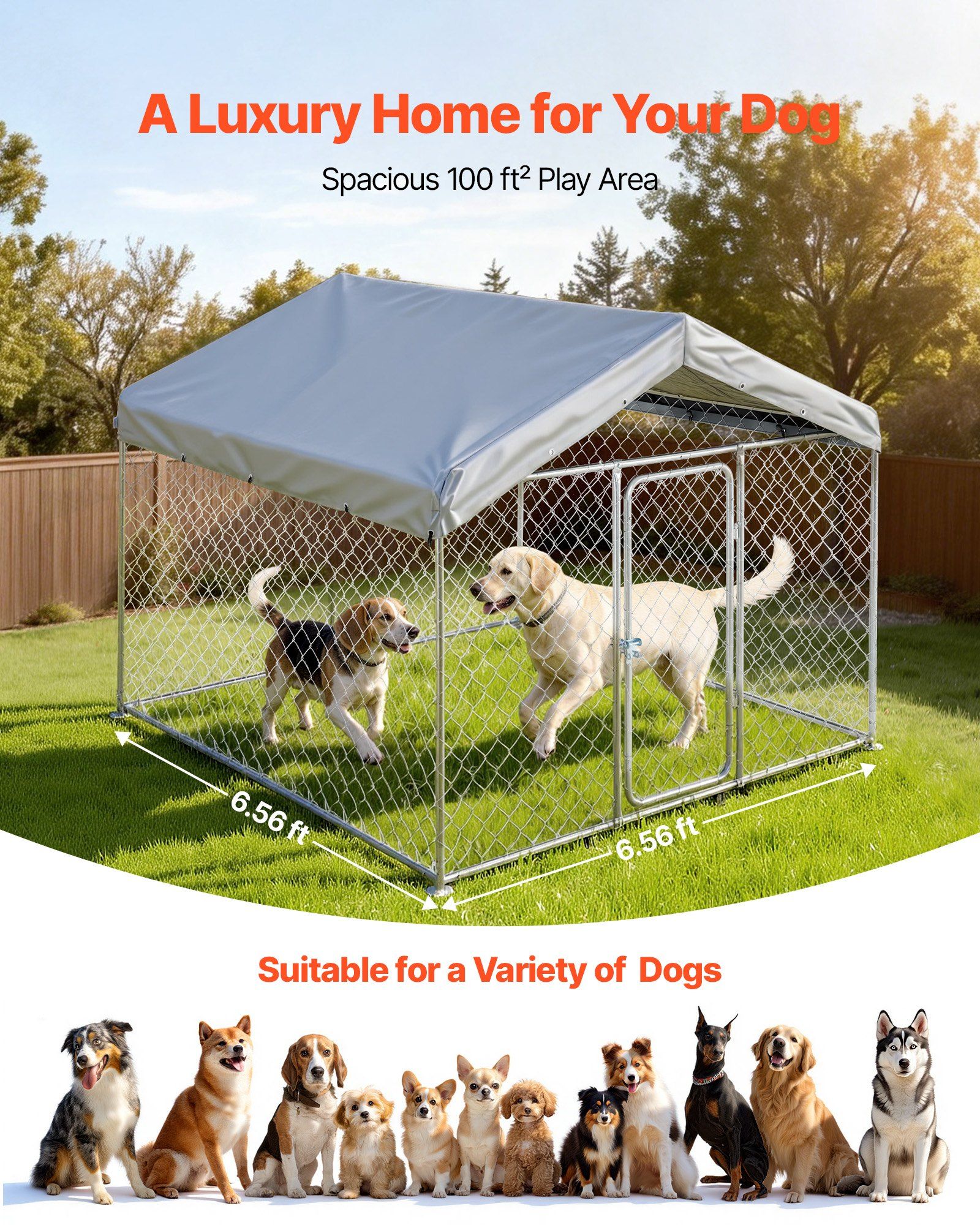 Outdoor Dog Kennel, 2 x 2 x 1.6 m Large Dog Kennel with Secure Lock, Outside Dogs Enclosures with UV-Resistant & Waterproof Roof Cover, Heavy Duty Pet Crate Cage Run for Large Dogs - Image 4
