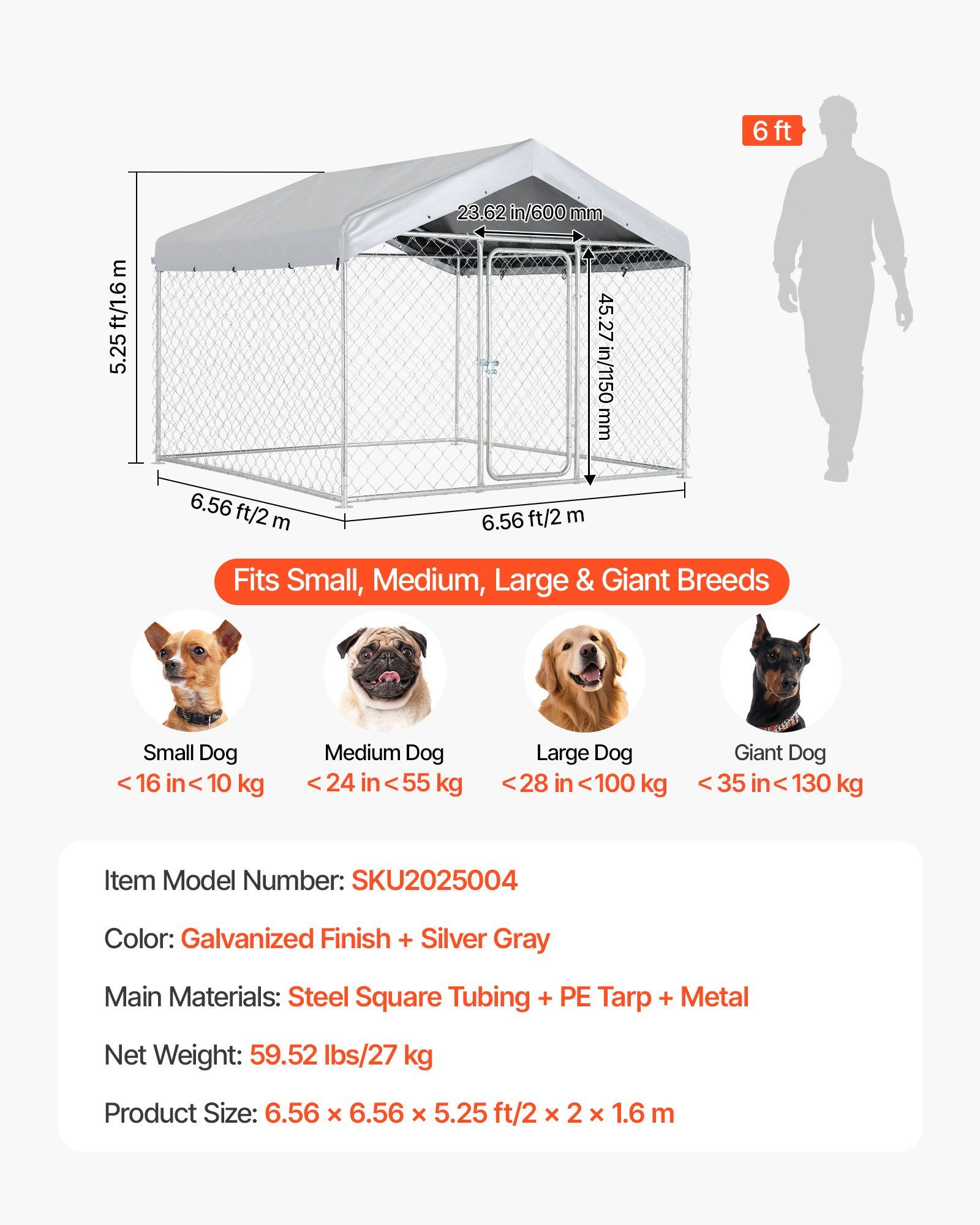 Outdoor Dog Kennel, 2 x 2 x 1.6 m Large Dog Kennel with Secure Lock, Outside Dogs Enclosures with UV-Resistant & Waterproof Roof Cover, Heavy Duty Pet Crate Cage Run for Large Dogs - Image 7