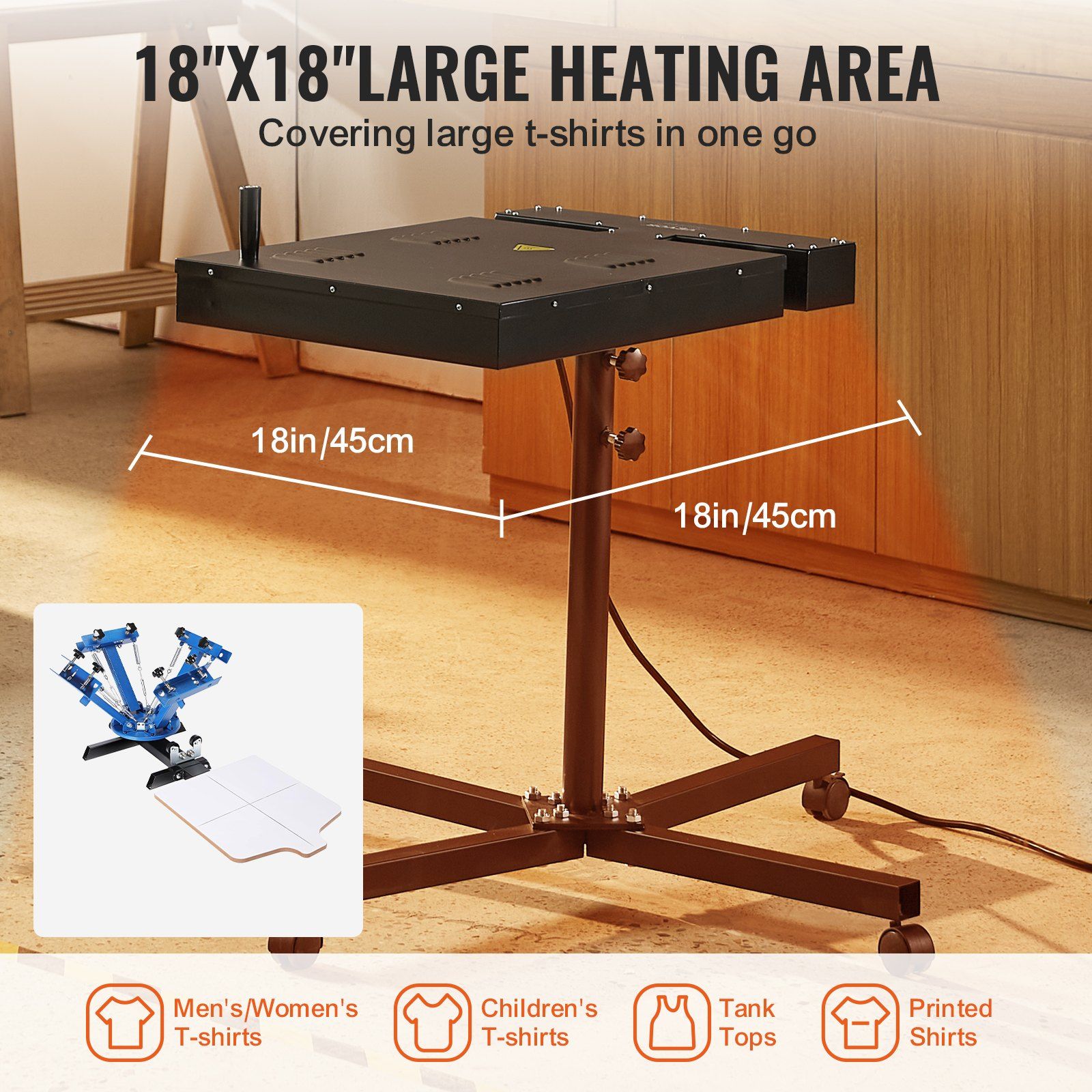 Flash Dryer, 18 x 18 inch Flash Dryer for Screen Printing, High Power Silk Screen Printing Dryer with Height Adjustable Stand, 360° Rotation, X-Shaped Base, Steel T-Shirt Curing Machine - Image 3