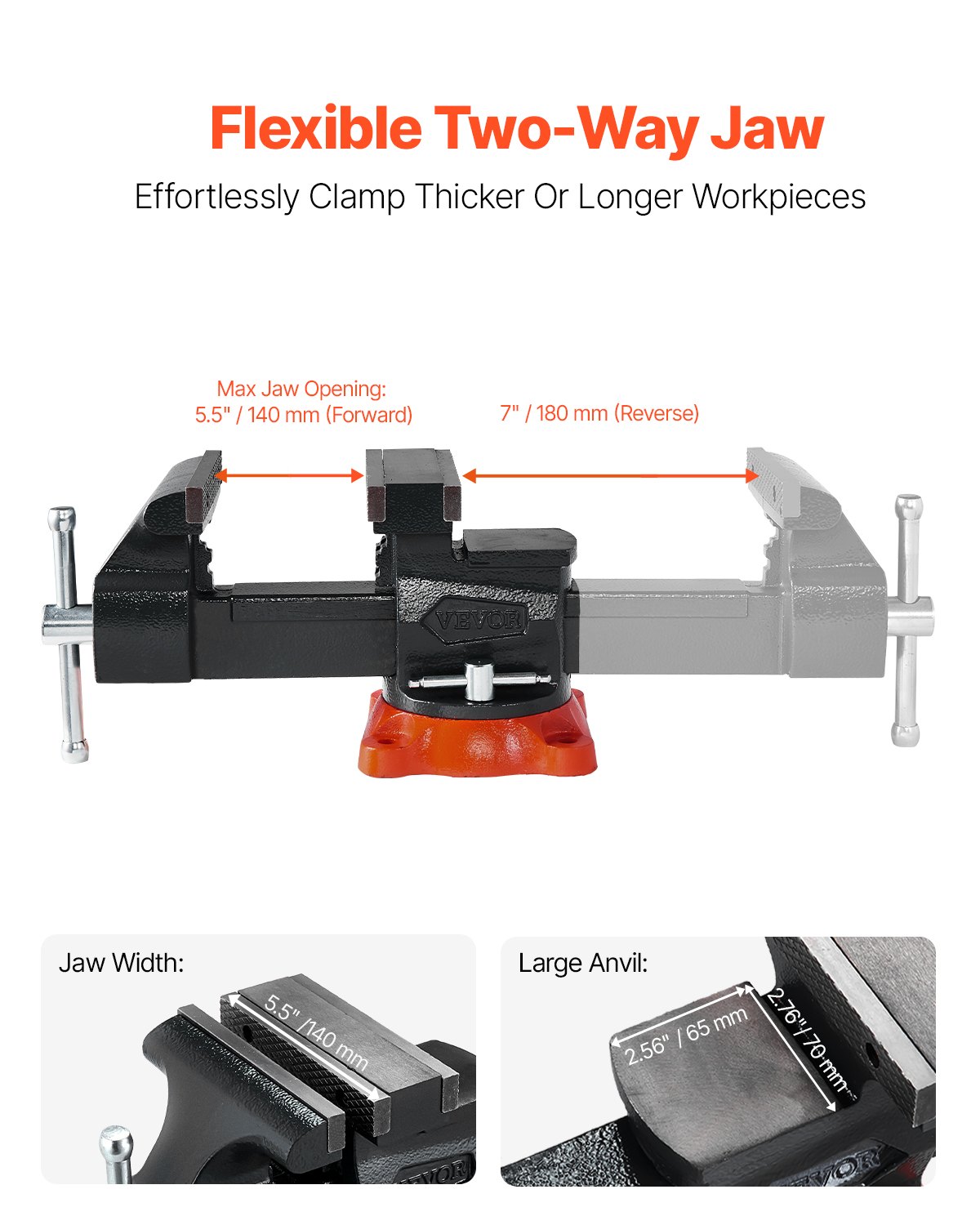 Bench Vise, 140 mm Jaw Width, 140 mm Max Jaw Opening Multipurpose Vise with 360° Swivel Locking Base, 73 mm Throat, Heavy Duty Ductile Iron Workbench Vise, Two-Way Jaws for Clamping Round Pipes - Image 3