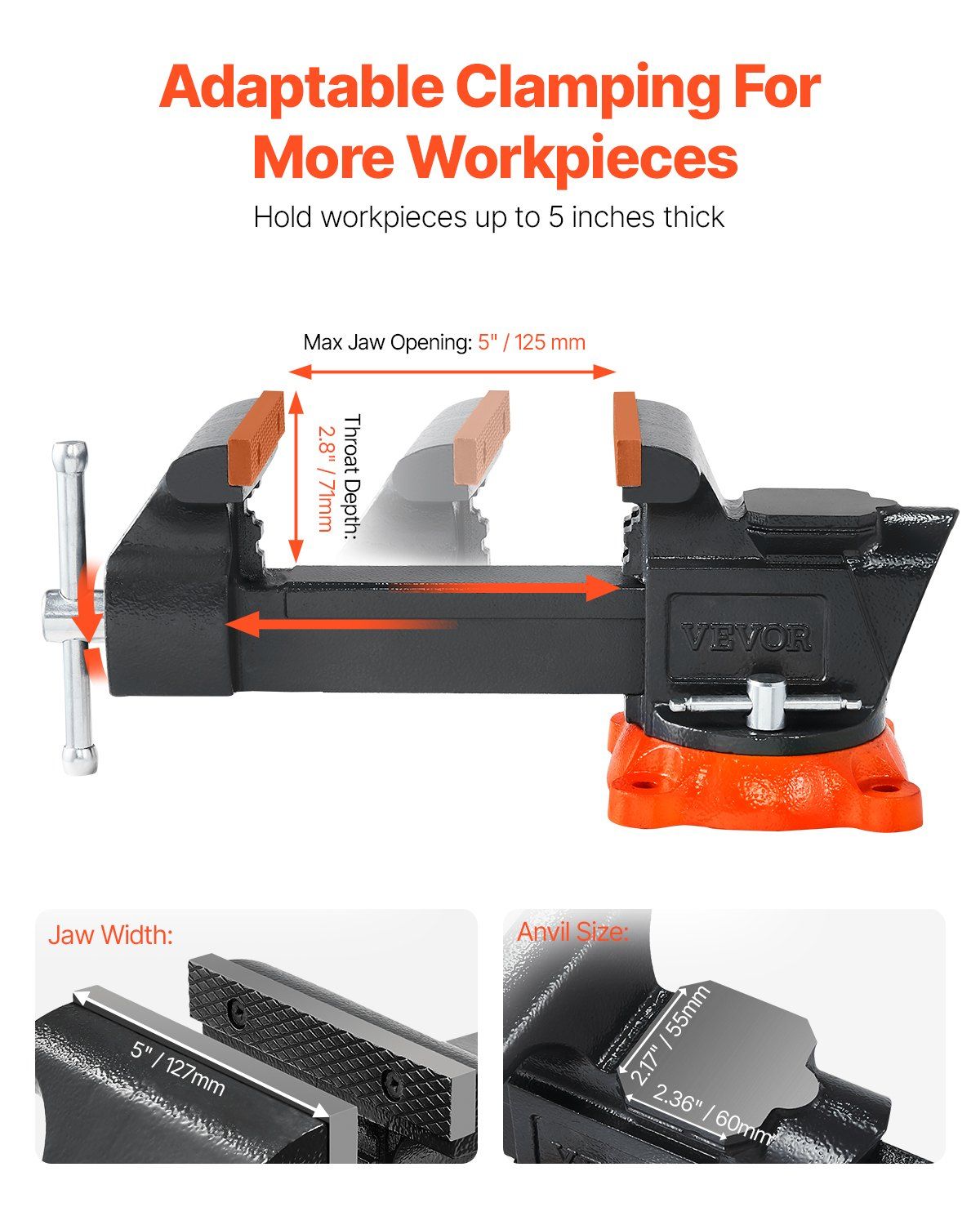 Bench Vise, 127 mm Jaw Width, 125 mm Max Jaw Opening Multipurpose Vise with 360° Swivel Locking Base, 71 mm Throat, Heavy Duty Ductile Iron Workbench Vise with Anvil, for Clamping Round Pipes - Image 3