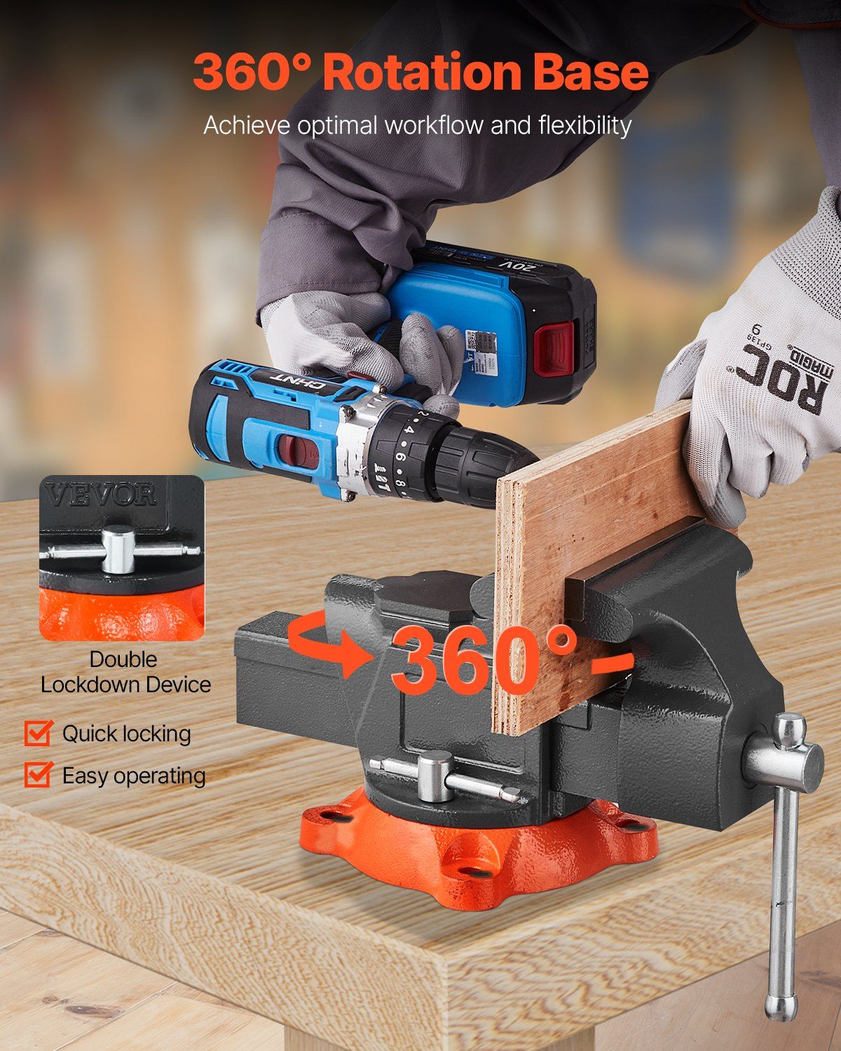 Bench Vise, 127 mm Jaw Width, 125 mm Max Jaw Opening Multipurpose Vise with 360° Swivel Locking Base, 71 mm Throat, Heavy Duty Ductile Iron Workbench Vise with Anvil, for Clamping Round Pipes - Image 5