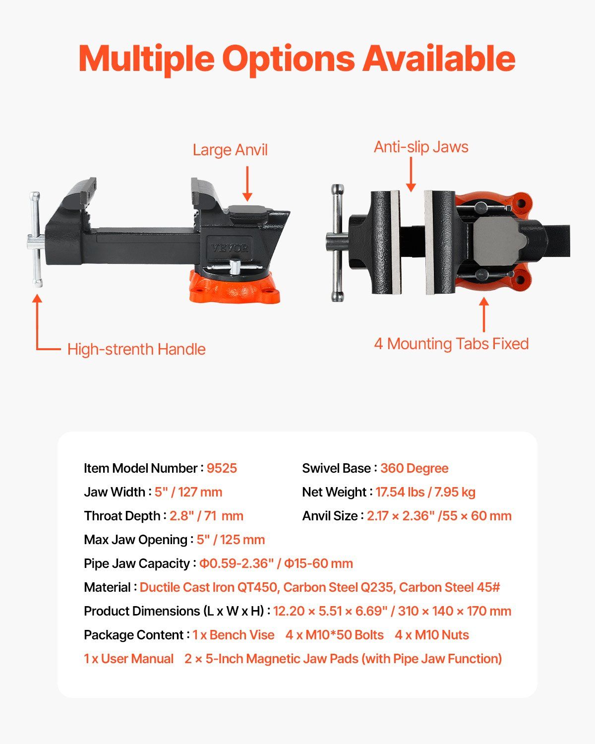 Bench Vise, 127 mm Jaw Width, 125 mm Max Jaw Opening Multipurpose Vise with 360° Swivel Locking Base, 71 mm Throat, Heavy Duty Ductile Iron Workbench Vise with Anvil, for Clamping Round Pipes - Image 7