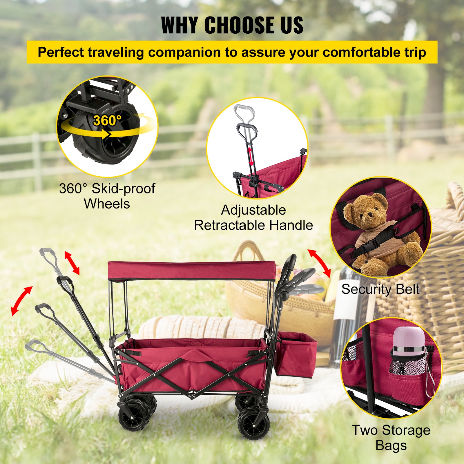 Folding Wagon Cart, Collapsible Folding Garden Cart w/ Shade Beach Utility - Image 6