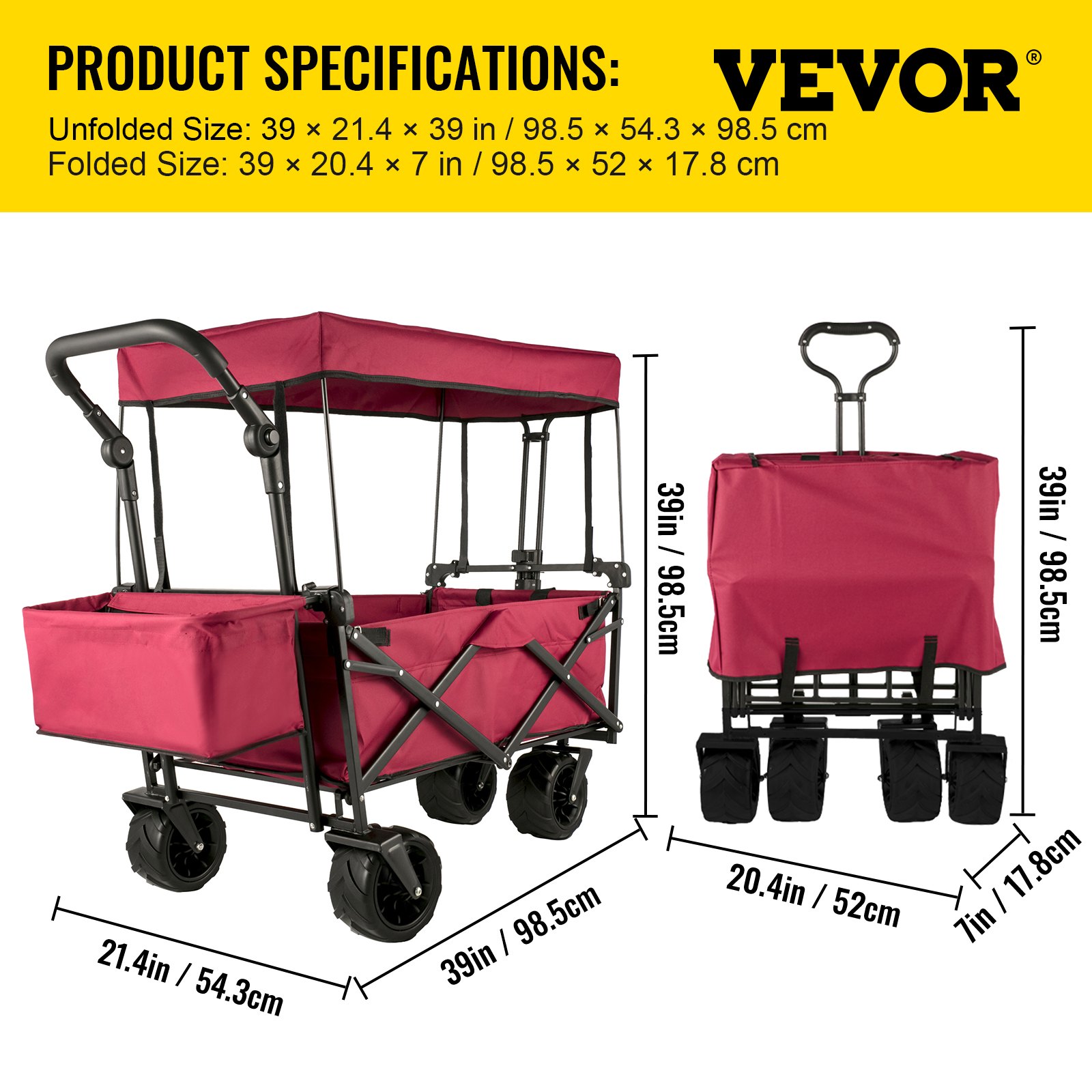 Folding Wagon Cart, Collapsible Folding Garden Cart w/ Shade Beach Utility - Image 7