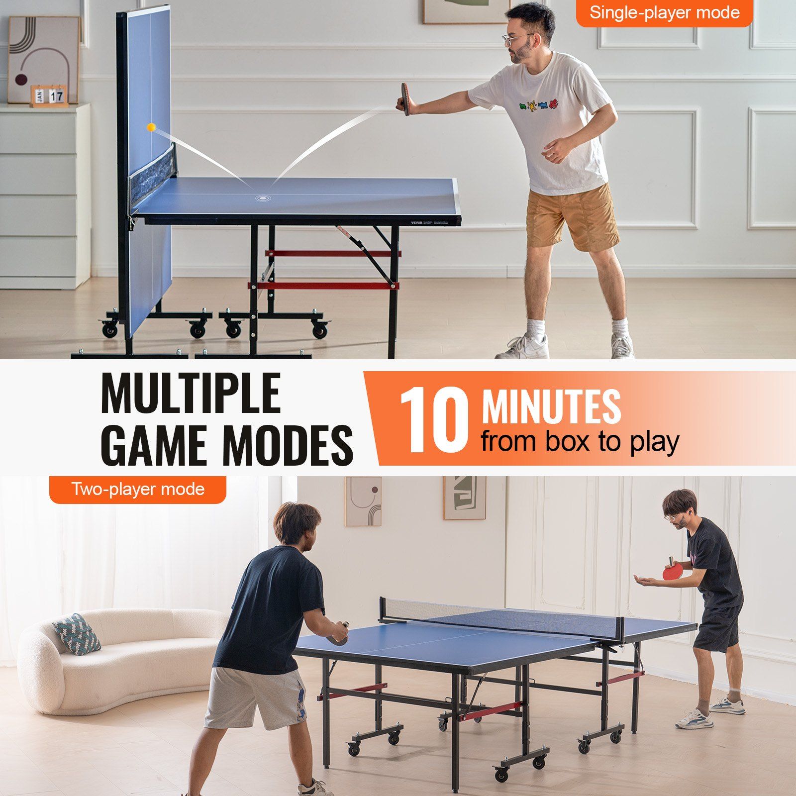 Ping Pong Table, Professional Table Tennis Game, Indoor MDF Portable Table Tennis Table, Foldable Ping Pong Table with Quick Clamp Net and Lockable Wheels, 10 Minute Easy Assembly, 18mm Tabletops - Image 4