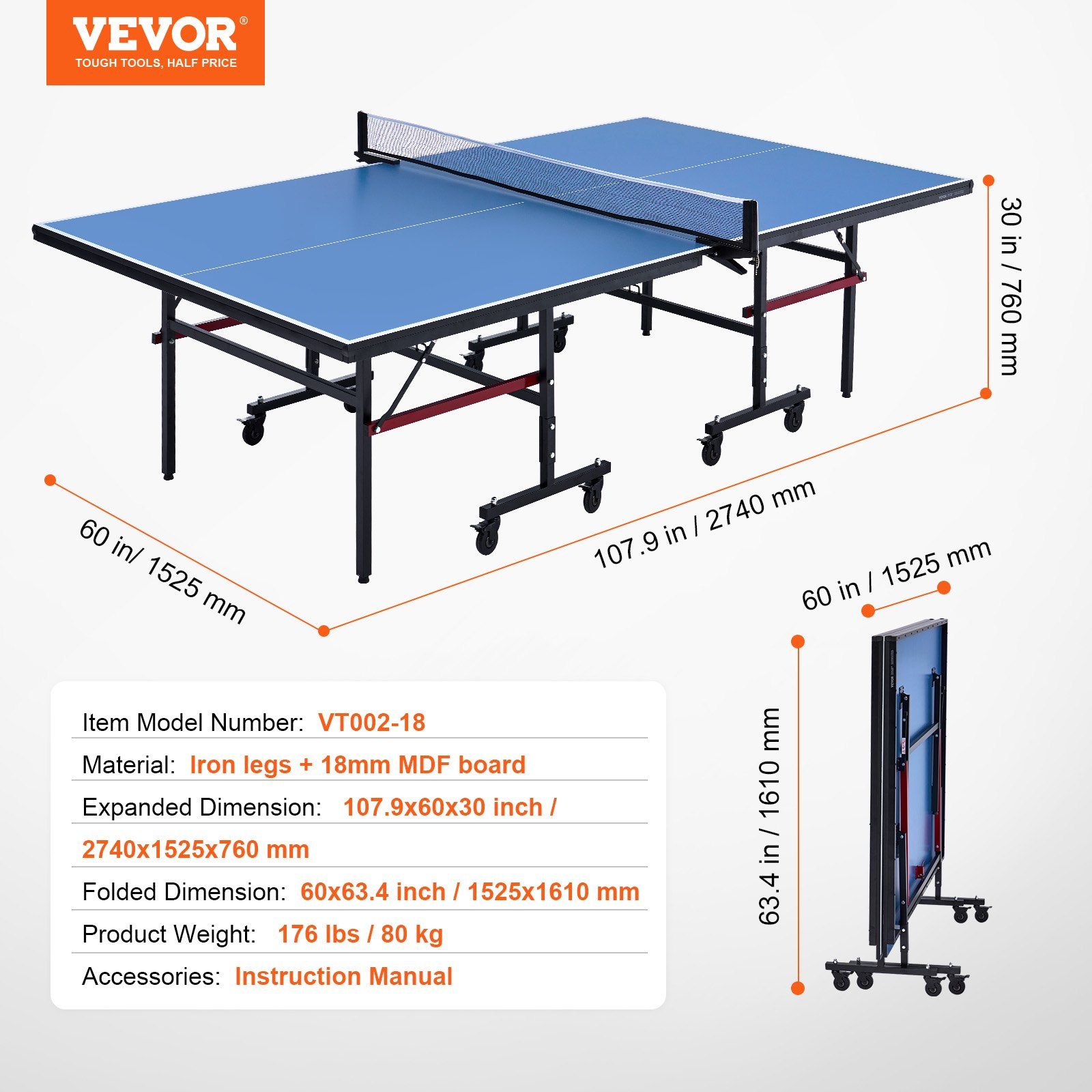 Ping Pong Table, Professional Table Tennis Game, Indoor MDF Portable Table Tennis Table, Foldable Ping Pong Table with Quick Clamp Net and Lockable Wheels, 10 Minute Easy Assembly, 18mm Tabletops - Image 7