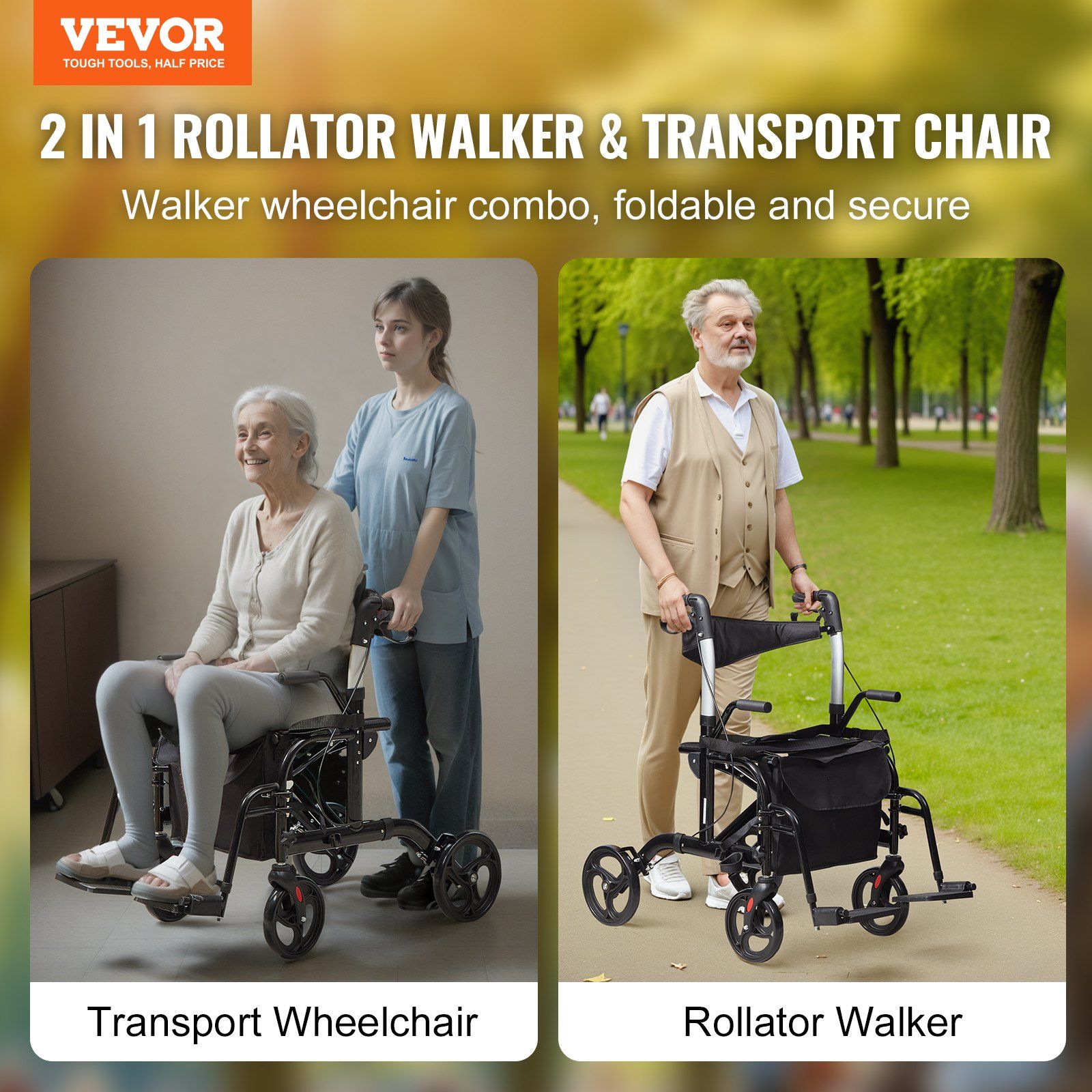 2 in 1 Rollator Walker & Transport Chair for Seniors, Folding Rolling Walker Wheelchair Combo & Footrests, Lightweight Aluminum Mobility Walker with Adjustable Handle, All Terrain Wheels, 136KG - Image 2