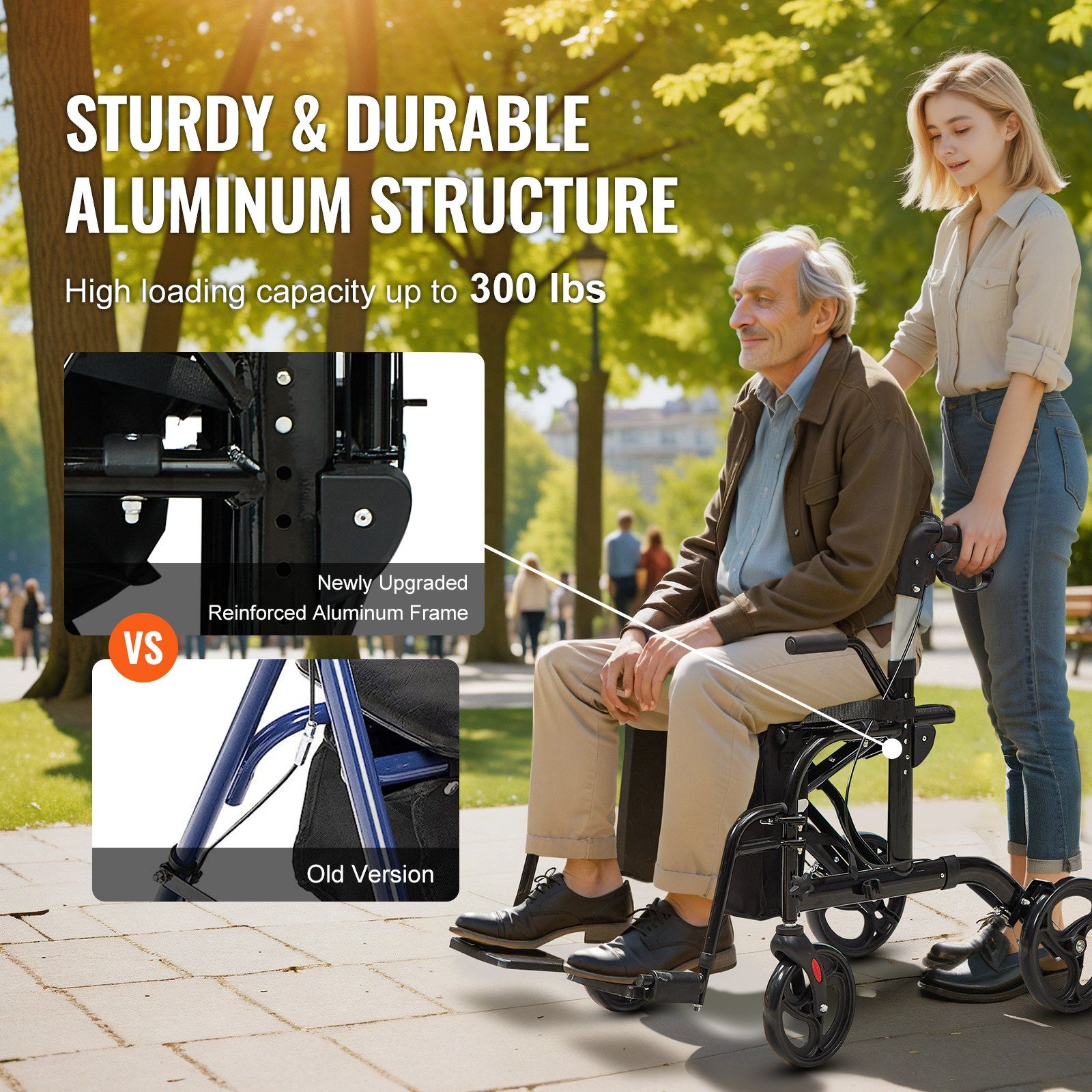 2 in 1 Rollator Walker & Transport Chair for Seniors, Folding Rolling Walker Wheelchair Combo & Footrests, Lightweight Aluminum Mobility Walker with Adjustable Handle, All Terrain Wheels, 136KG - Image 3