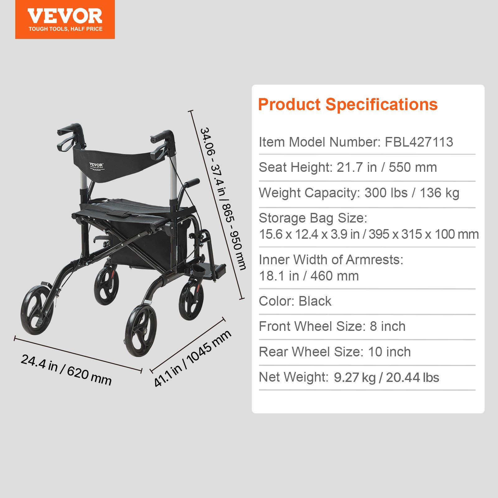 2 in 1 Rollator Walker & Transport Chair for Seniors, Folding Rolling Walker Wheelchair Combo & Footrests, Lightweight Aluminum Mobility Walker with Adjustable Handle, All Terrain Wheels, 136KG - Image 7