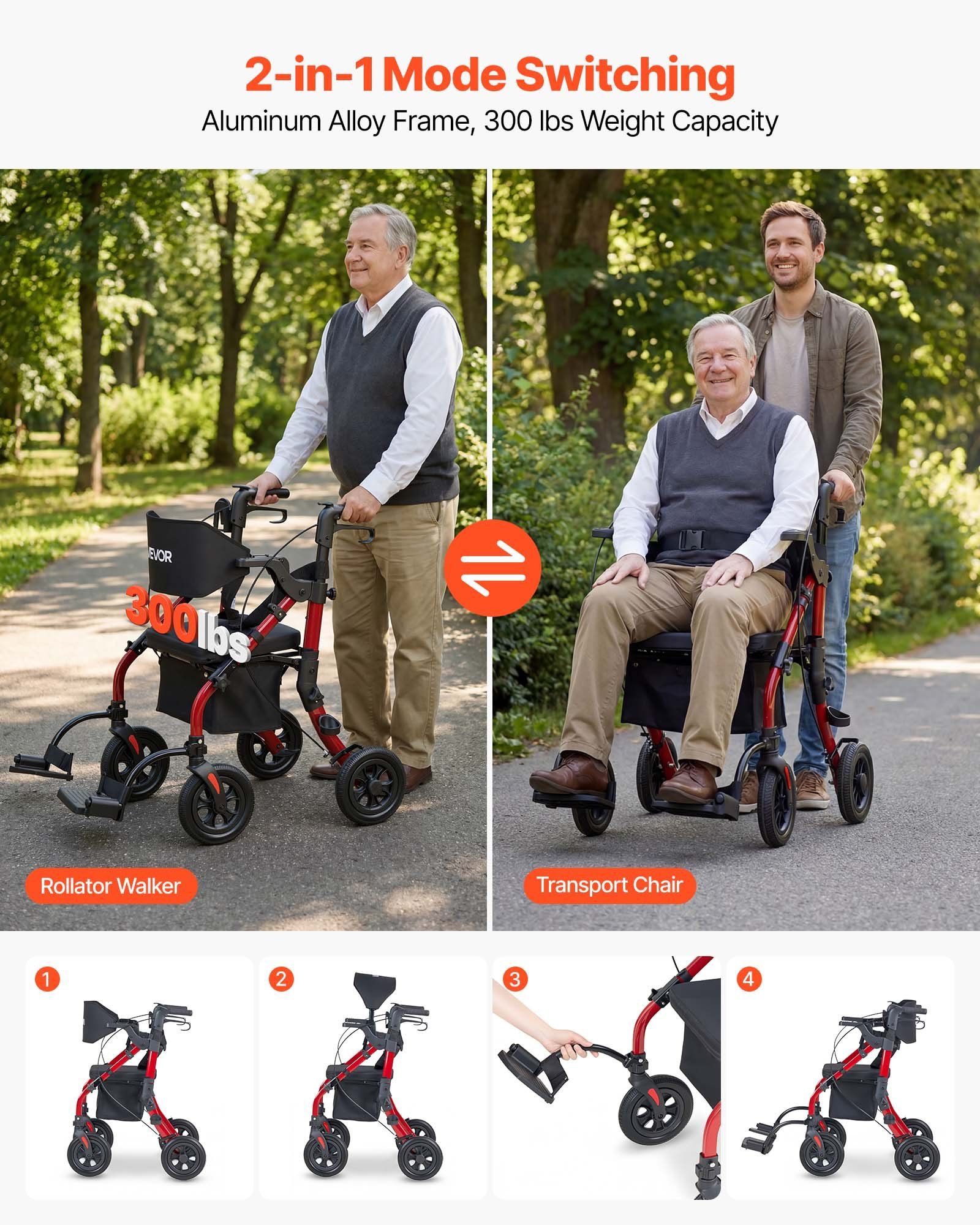 2-in-1 Rollator Walker & Transport Chair for Seniors, Foldable Rolling Walker Wheelchair, Lightweight Aluminum Mobility Walking Aid with Solid PU Wheels, Cup & Cane Holder - Supports 136kg - Image 2