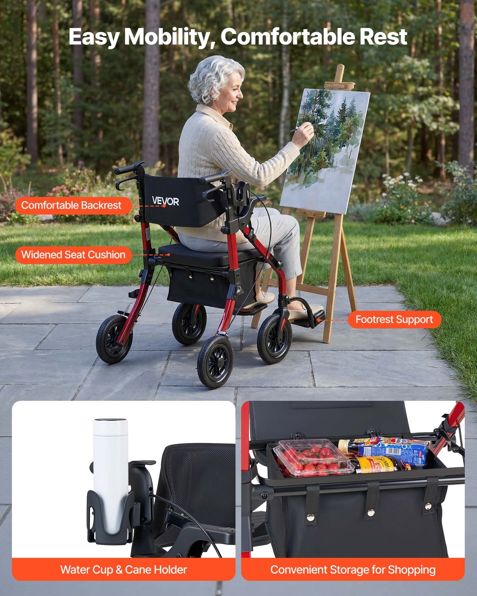 2-in-1 Rollator Walker & Transport Chair for Seniors, Foldable Rolling Walker Wheelchair, Lightweight Aluminum Mobility Walking Aid with Solid PU Wheels, Cup & Cane Holder - Supports 136kg - Image 6