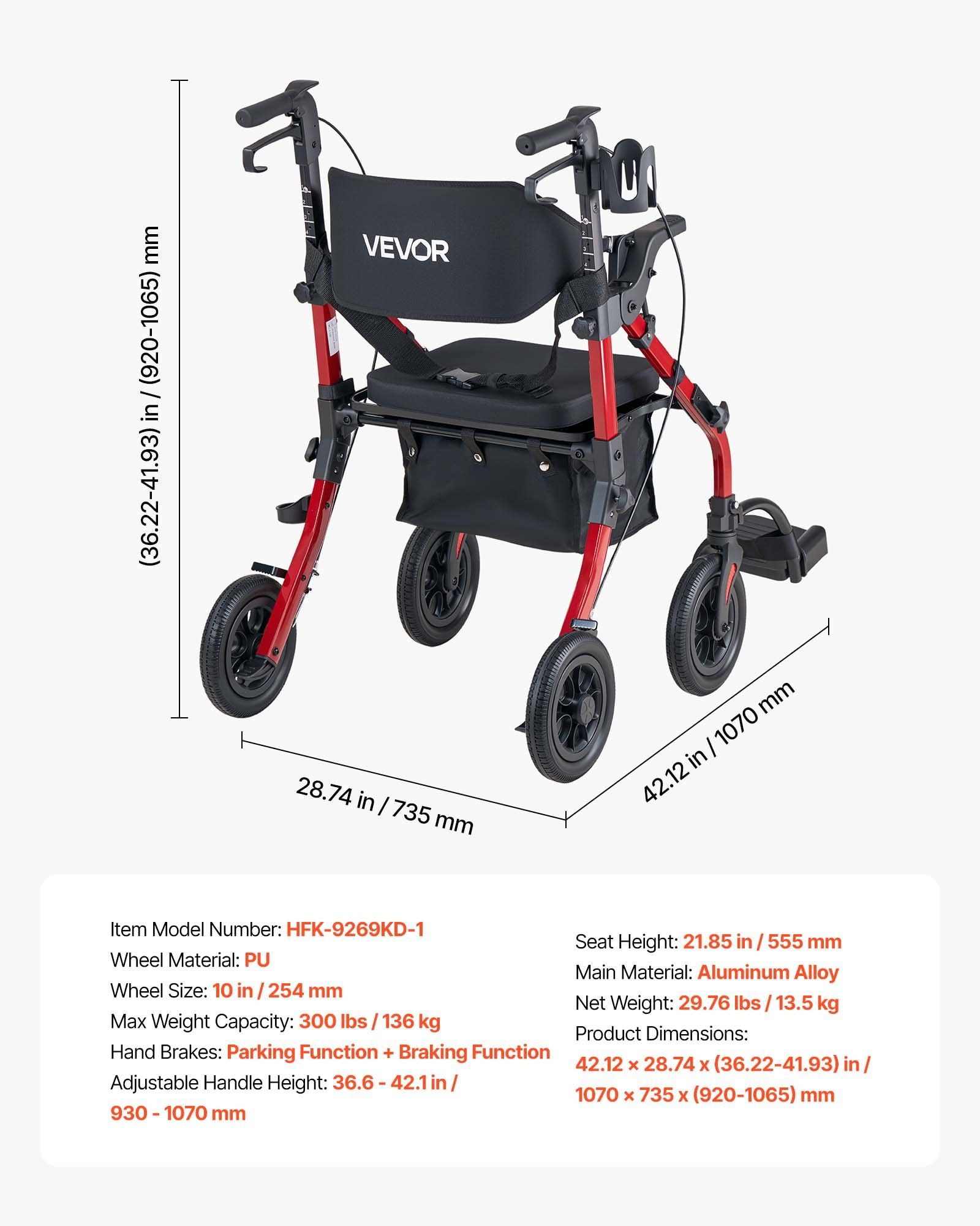 2-in-1 Rollator Walker & Transport Chair for Seniors, Foldable Rolling Walker Wheelchair, Lightweight Aluminum Mobility Walking Aid with Solid PU Wheels, Cup & Cane Holder - Supports 136kg - Image 7