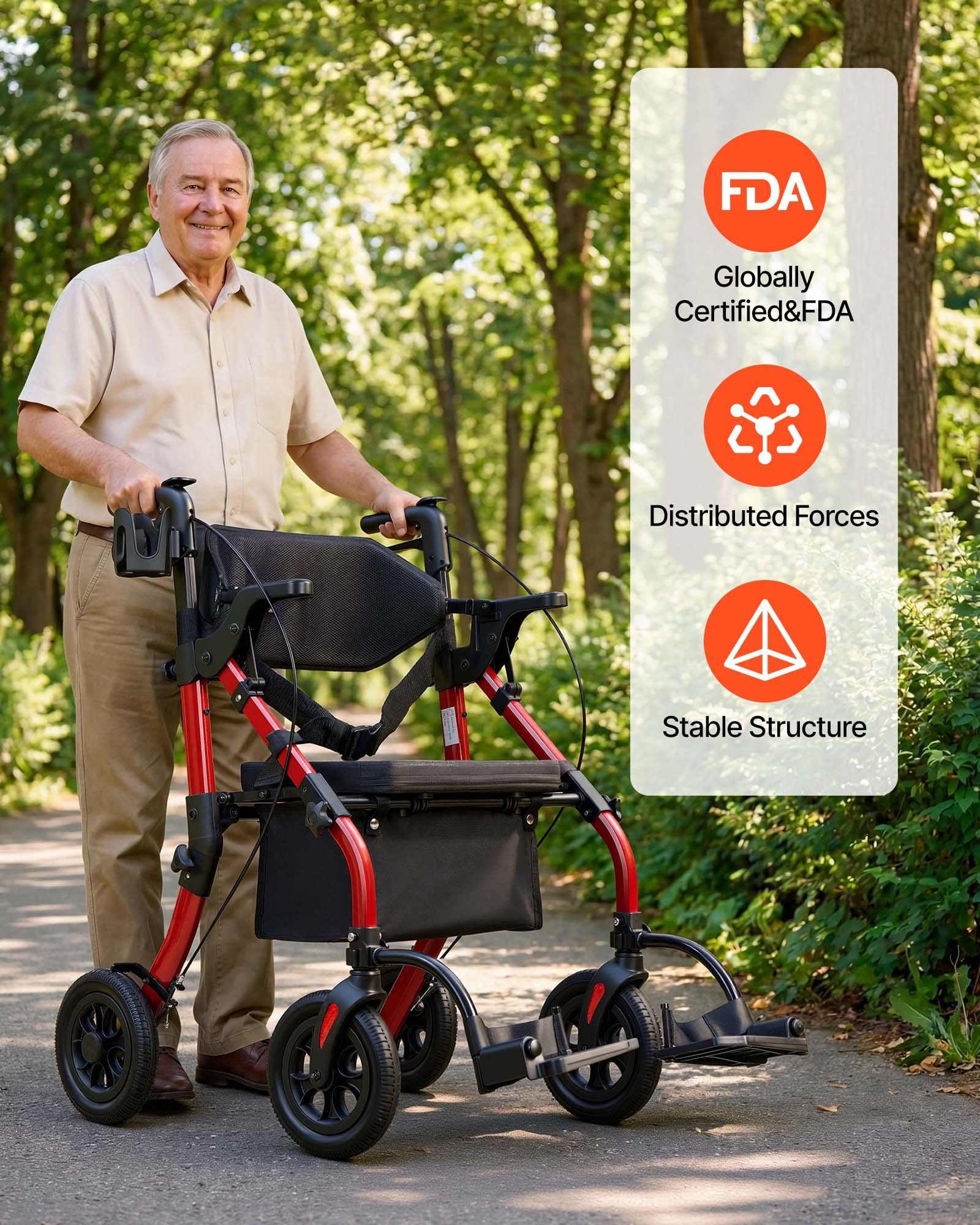 2-in-1 Rollator Walker & Transport Chair for Seniors, Foldable Rolling Walker Wheelchair, Lightweight Aluminum Mobility Walking Aid with Solid PU Wheels, Cup & Cane Holder - Supports 136kg - Image 8