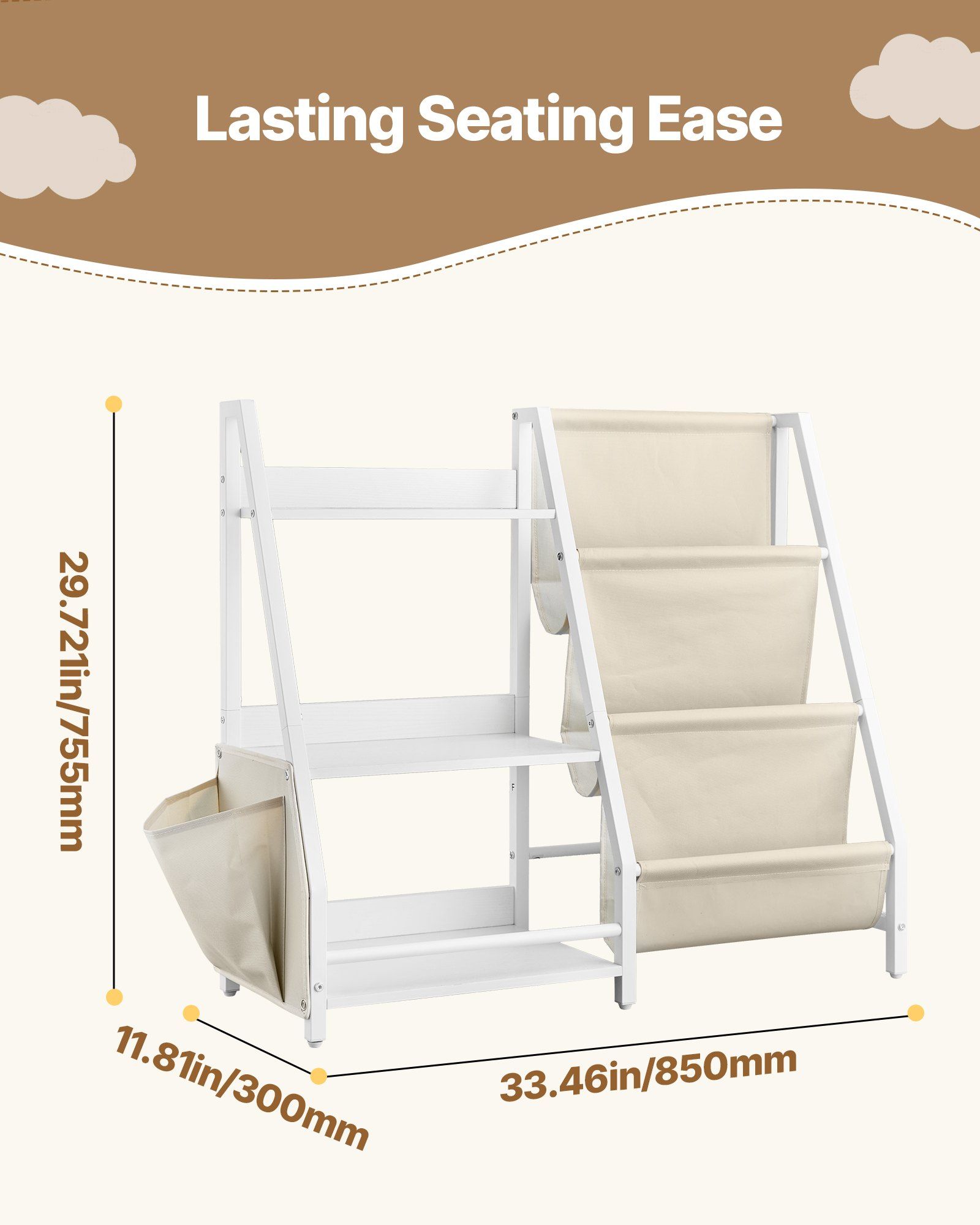 3-Tier Kids Bookshelf, Toy Storage Organizer for Toddler, Book Shelf for Kids Rooms with Sling Book Rack and Storage Bag, Kids Storage Book Shelves for Kids Room, Playroom, Kindergarten, Nursery - Image 2