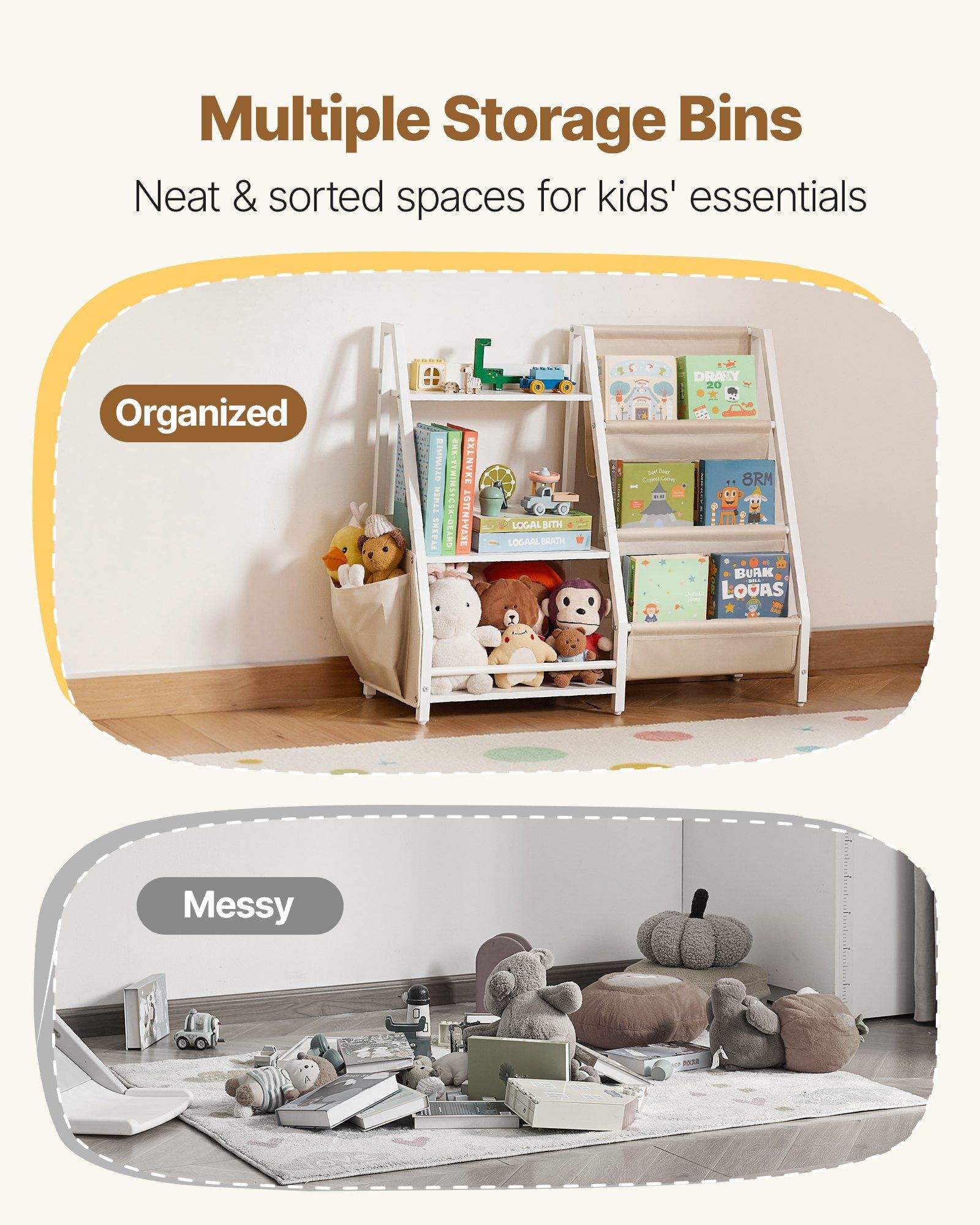 3-Tier Kids Bookshelf, Toy Storage Organizer for Toddler, Book Shelf for Kids Rooms with Sling Book Rack and Storage Bag, Kids Storage Book Shelves for Kids Room, Playroom, Kindergarten, Nursery - Image 3