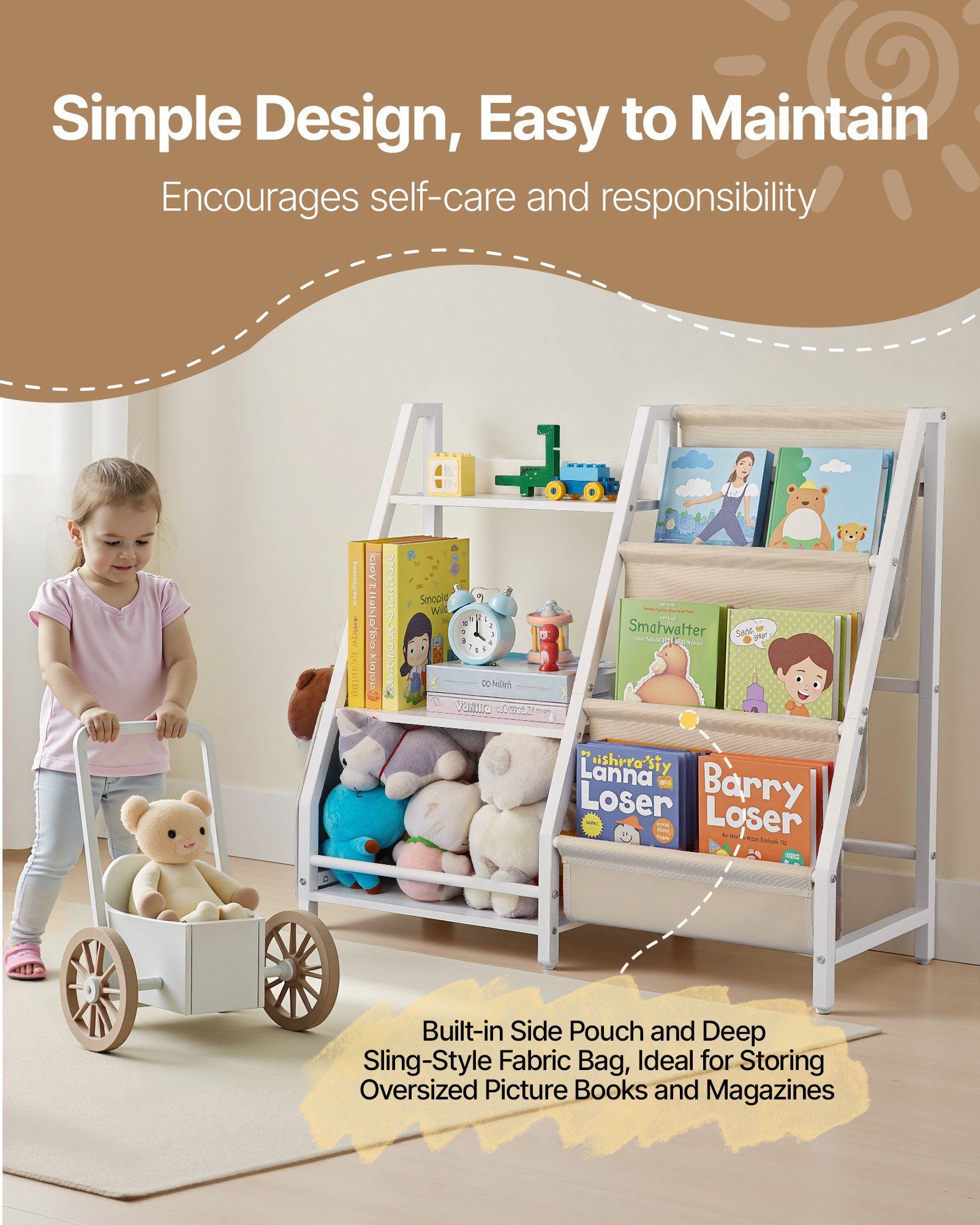 3-Tier Kids Bookshelf, Toy Storage Organizer for Toddler, Book Shelf for Kids Rooms with Sling Book Rack and Storage Bag, Kids Storage Book Shelves for Kids Room, Playroom, Kindergarten, Nursery - Image 4