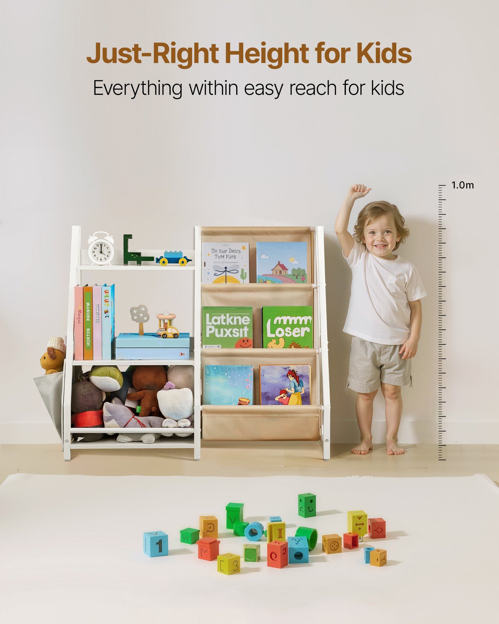 3-Tier Kids Bookshelf, Toy Storage Organizer for Toddler, Book Shelf for Kids Rooms with Sling Book Rack and Storage Bag, Kids Storage Book Shelves for Kids Room, Playroom, Kindergarten, Nursery - Image 5