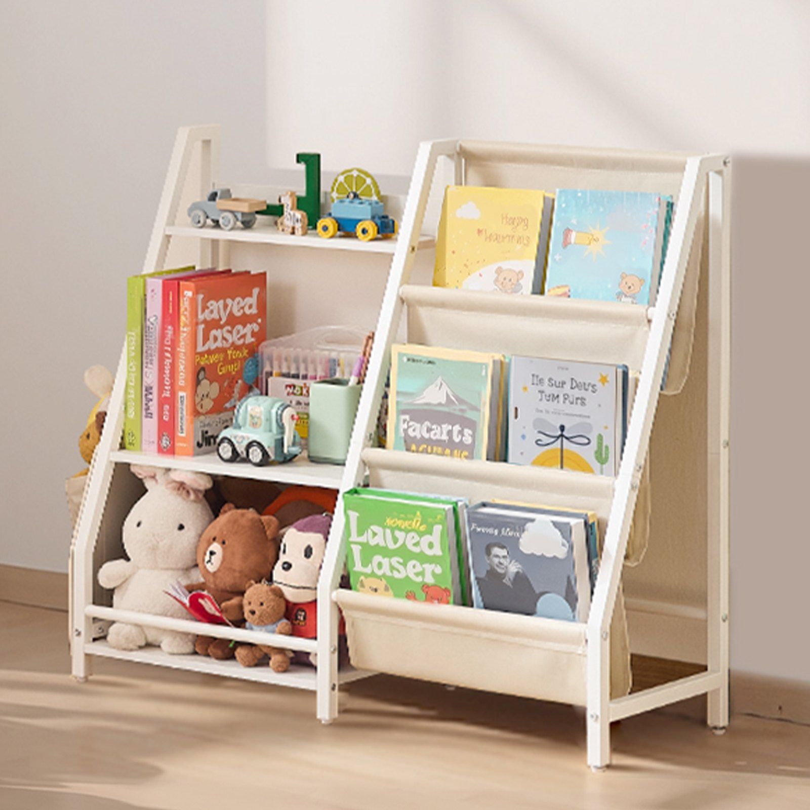 3-Tier Kids Bookshelf, Toy Storage Organizer for Toddler, Book Shelf for Kids Rooms with Sling Book Rack and Storage Bag, Kids Storage Book Shelves for Kids Room, Playroom, Kindergarten, Nursery - Image 8