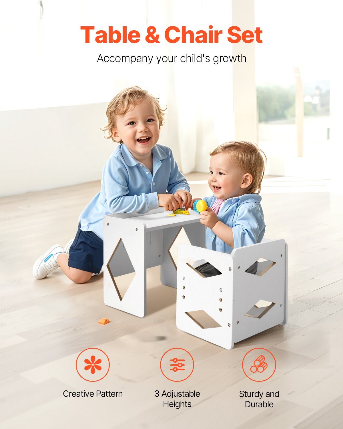 Montessori Weaning Table and Chair Set, Wooden Toddler Table and Chair Set for Aged 1-5, Adjustable Height Kids Montessori Chair and Activity Table, Ideal for Reading, Eating, Playing - White - Image 2