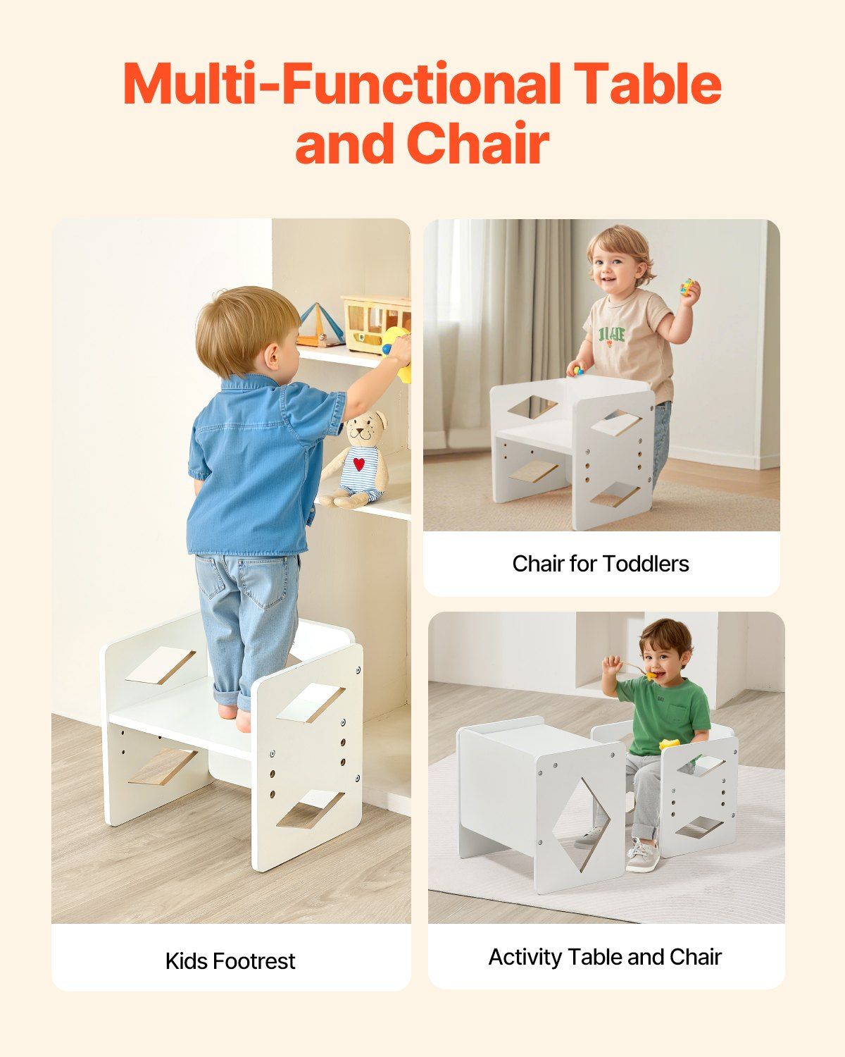 Montessori Weaning Table and Chair Set, Wooden Toddler Table and Chair Set for Aged 1-5, Adjustable Height Kids Montessori Chair and Activity Table, Ideal for Reading, Eating, Playing - White - Image 6