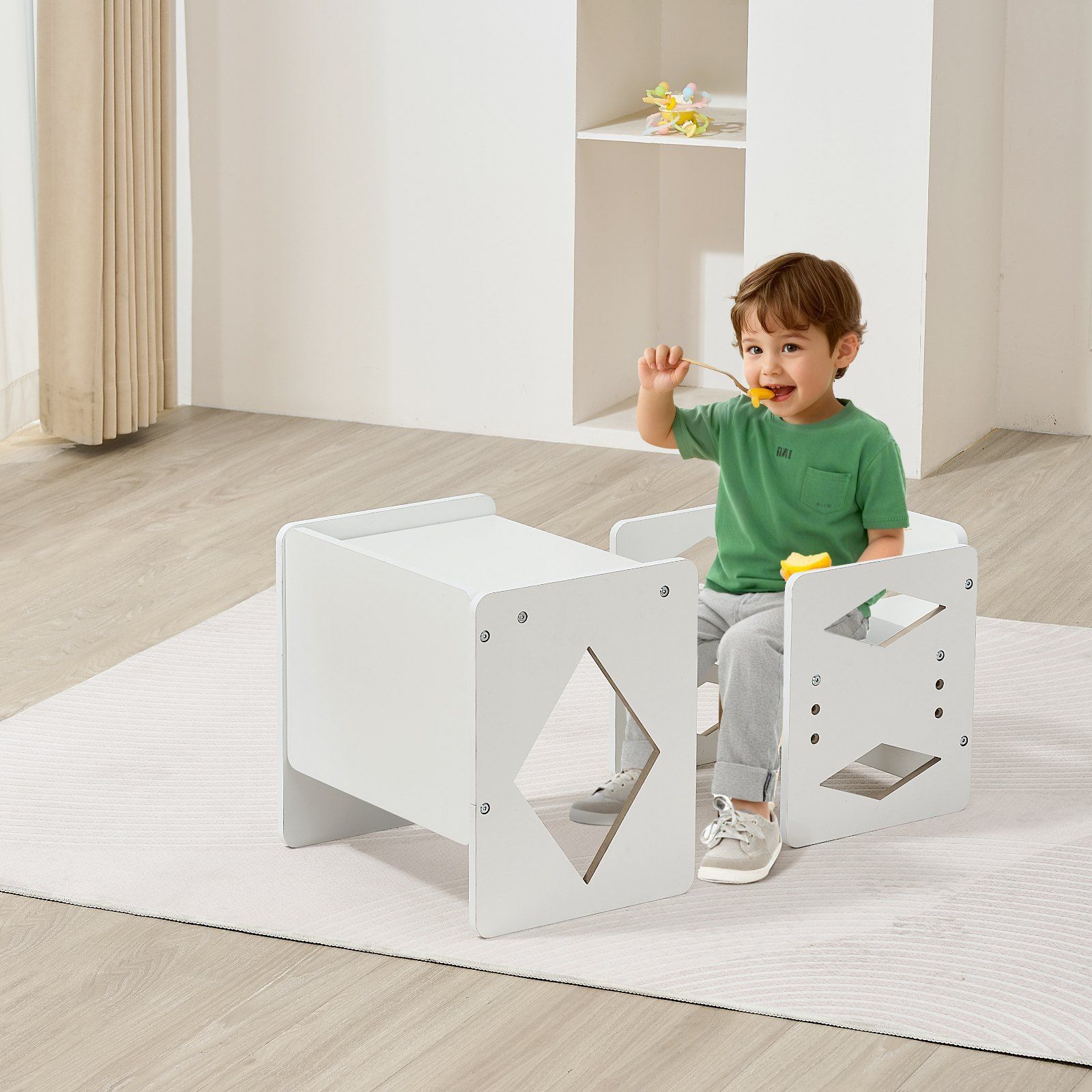 Montessori Weaning Table and Chair Set, Wooden Toddler Table and Chair Set for Aged 1-5, Adjustable Height Kids Montessori Chair and Activity Table, Ideal for Reading, Eating, Playing - White - Image 8